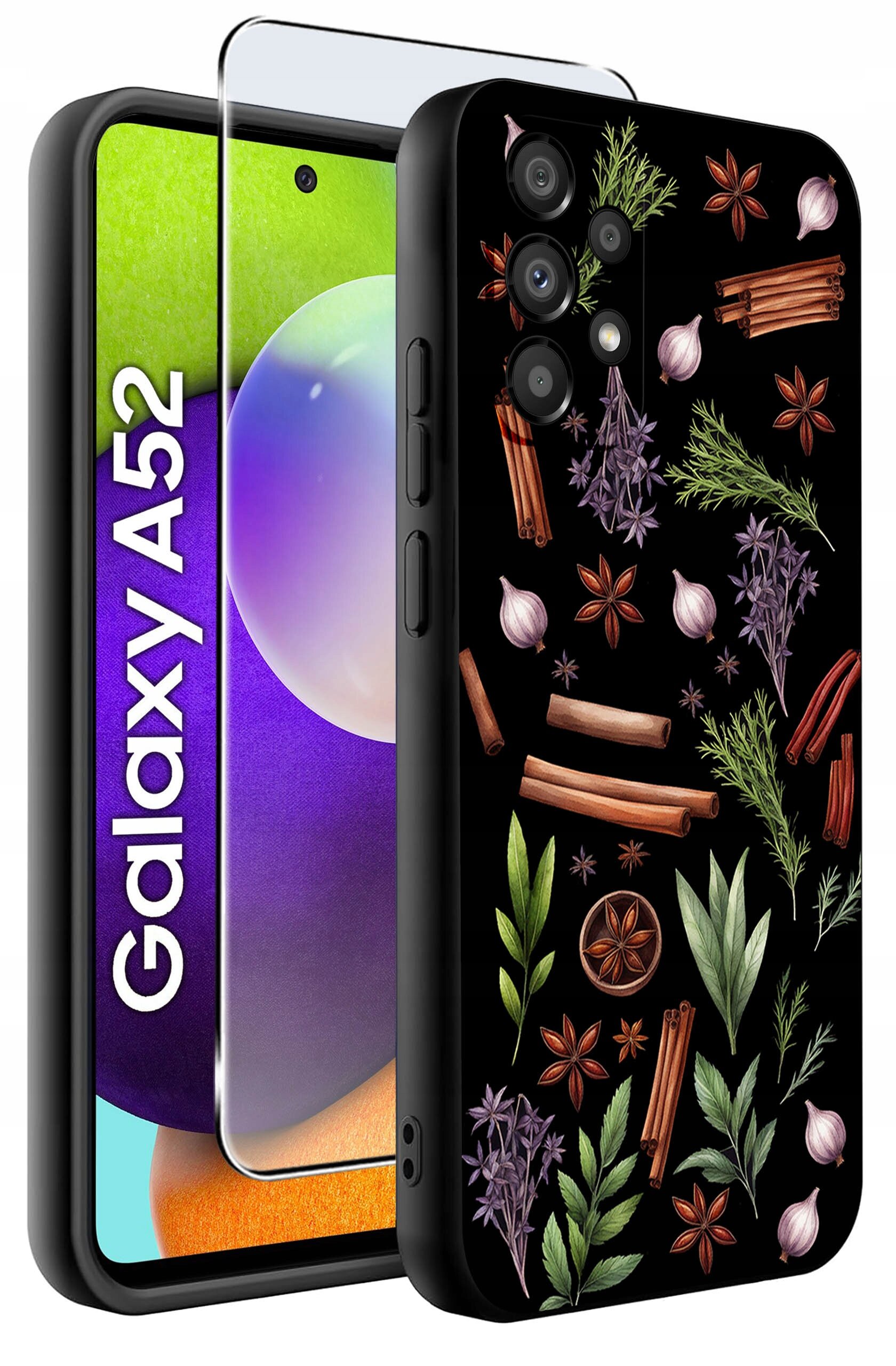 Etui na telefon z kolorowym wzorem przedstawiającym przyprawy i zioła, takie jak cynamon, anyż i liście. Obok widoczny jest telefon z napisem \'Galaxy A52\' na ekranie oraz szkło ochronne.