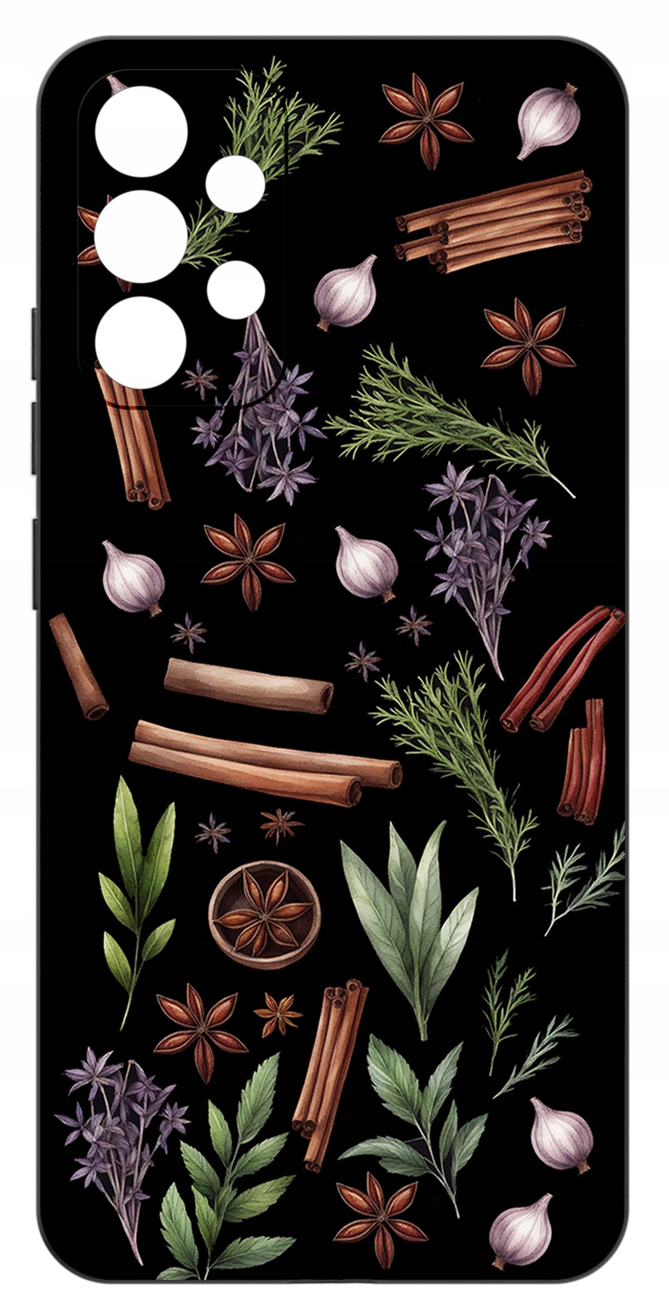 Etui na telefon z wzorem przedstawiającym różne przyprawy i zioła, takie jak laski cynamonu, anyż, czosnek i liście na czarnym tle. Etui ma wycięcia na aparat i przyciski boczne.