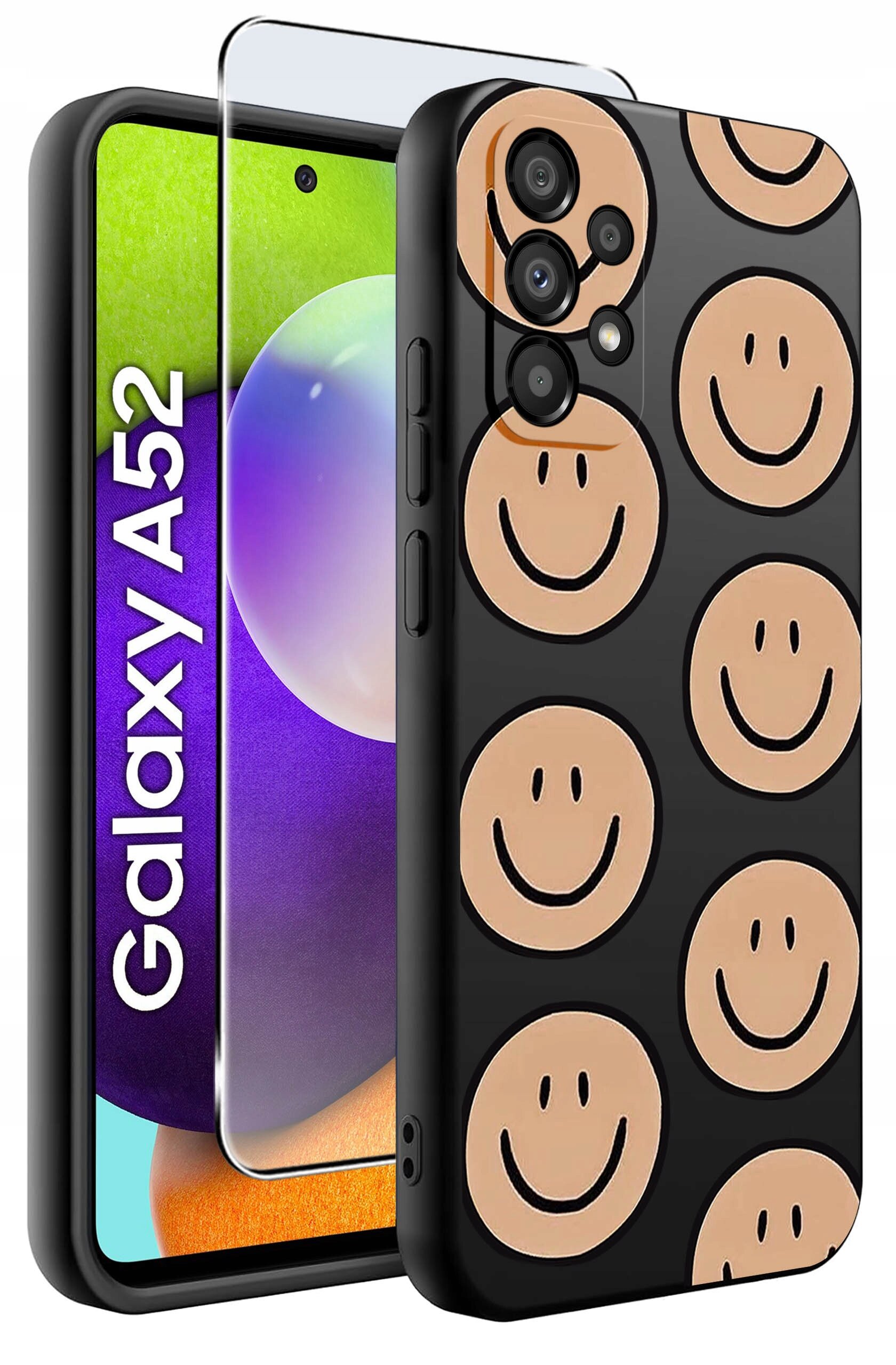 Obraz przedstawia etui na telefon z wzorem uśmiechniętych buziek na czarnym tle oraz szkło ochronne. Na ekranie telefonu widoczny jest napis \'Galaxy A52\'.