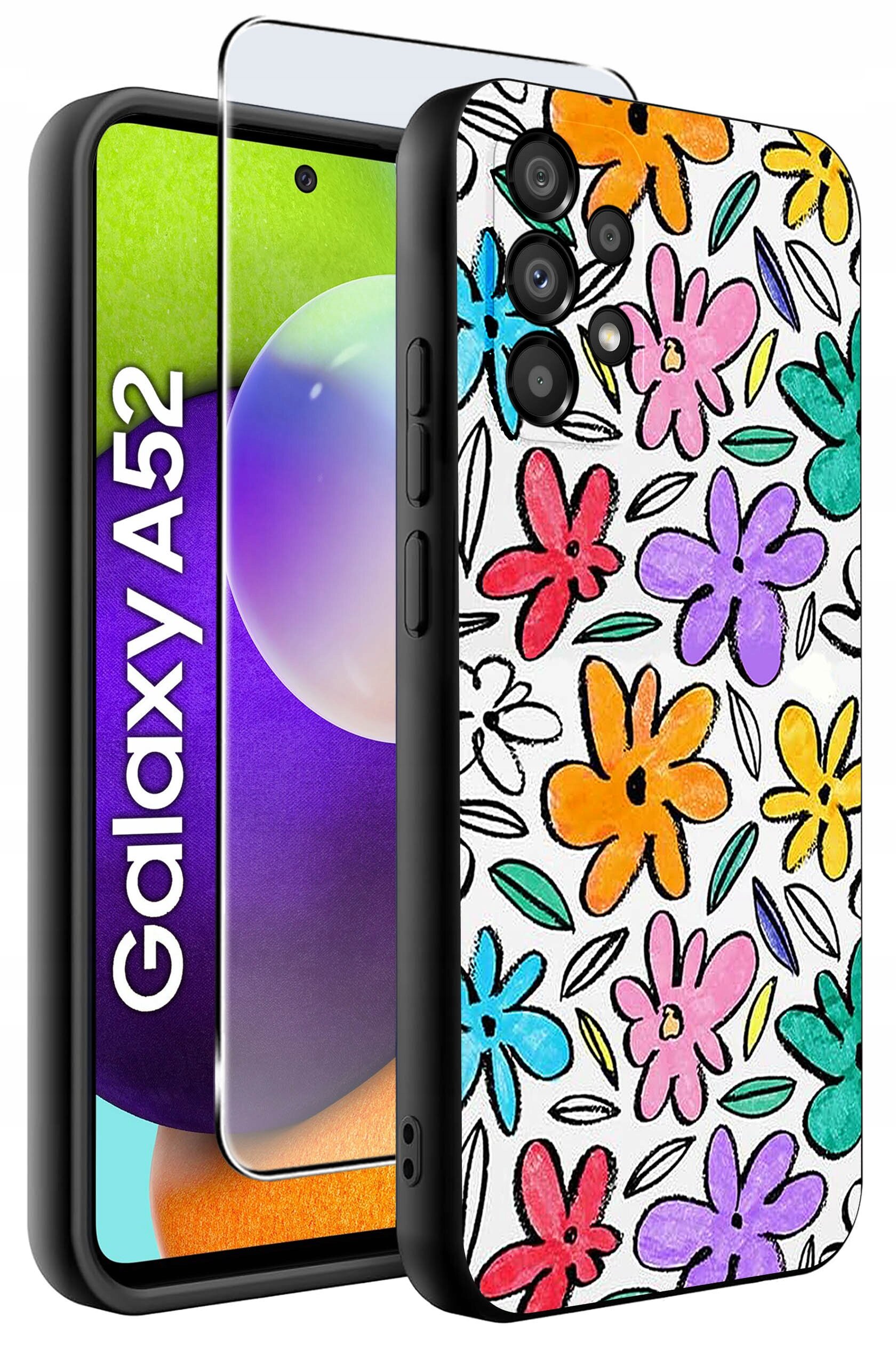 Etui na telefon z kolorowym wzorem kwiatów w różnych odcieniach na białym tle. Obok etui widoczny jest telefon z napisem \'Galaxy A52\' oraz szkło ochronne.