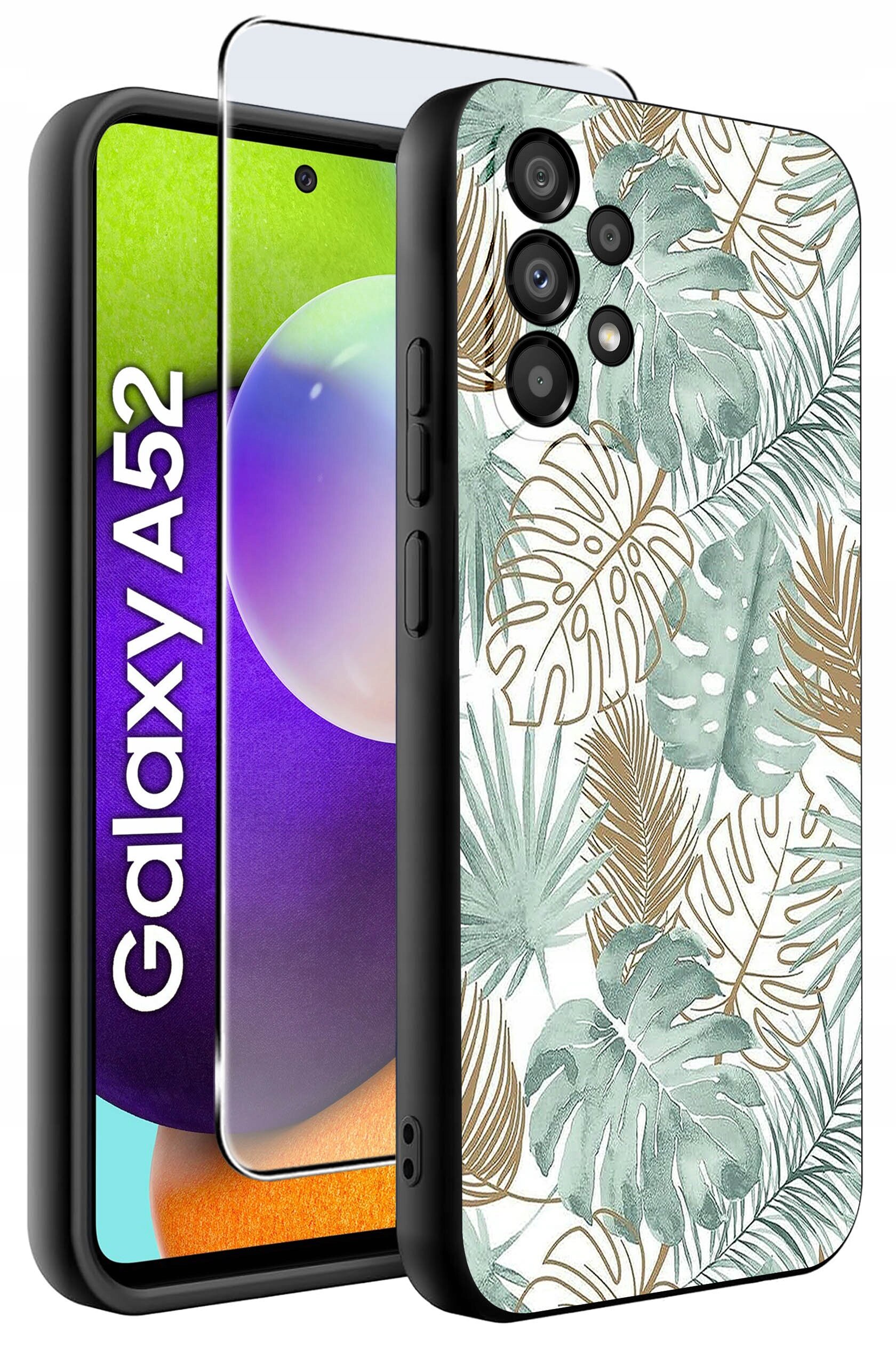 Etui na telefon z motywem liści w odcieniach zieleni i brązu, obok widoczna szybka ochronna. Na ekranie telefonu napis \'Galaxy A52\'.