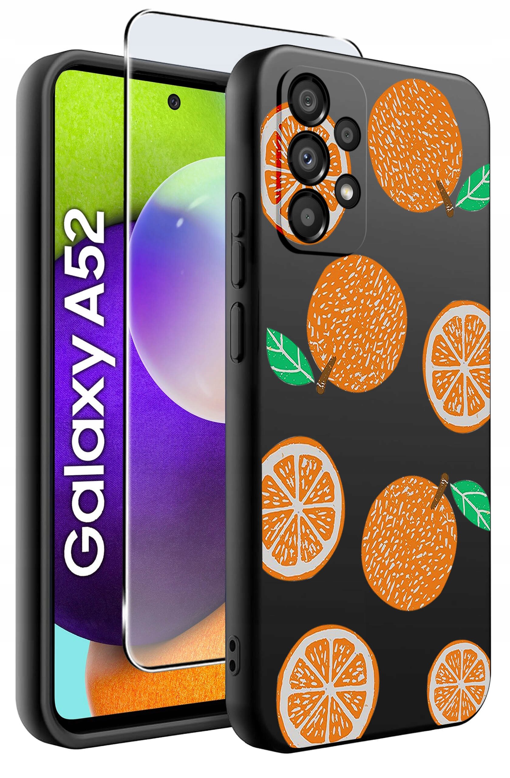 Obraz przedstawia etui na telefon z wzorem pomarańczy na czarnym tle oraz szkło ochronne. Obok widoczny jest telefon z napisem \'Galaxy A52\'.