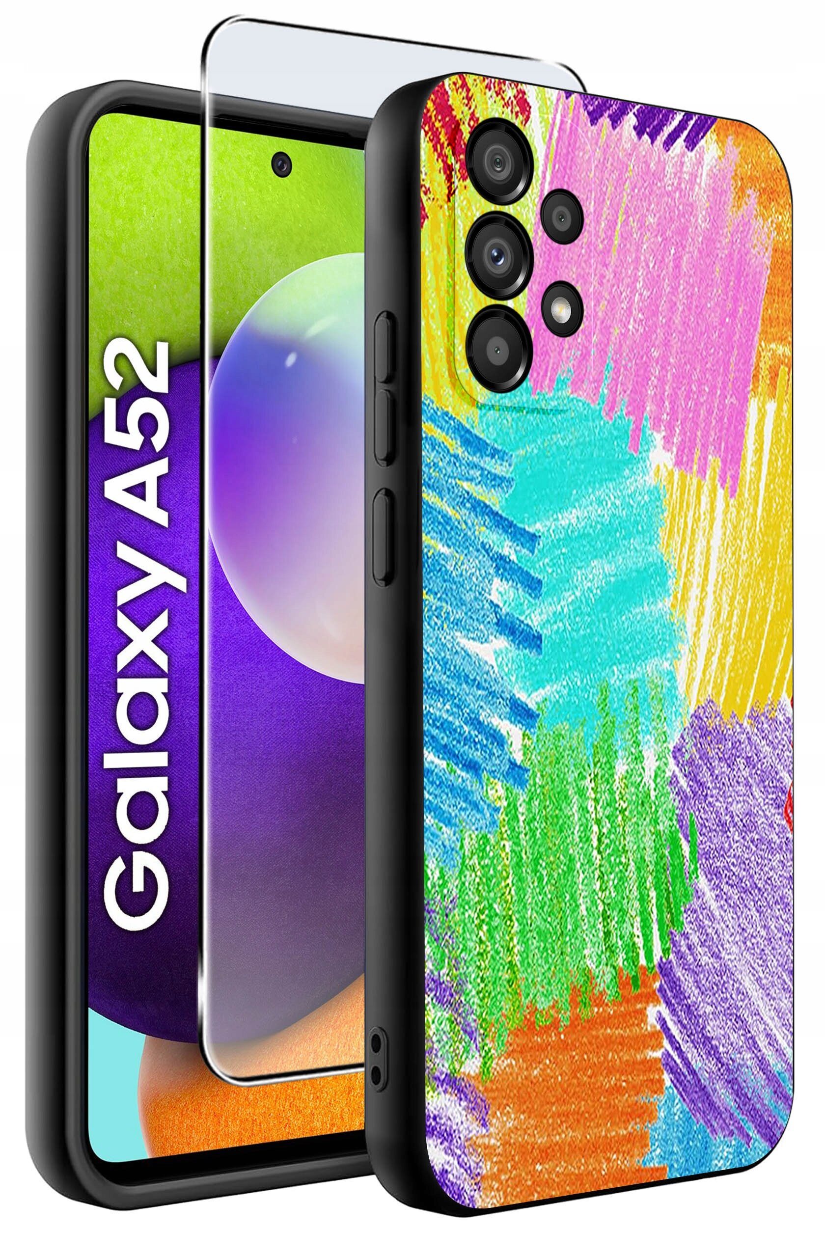 Etui na telefon z kolorowym, abstrakcyjnym wzorem oraz szkło ochronne. Obok widoczny jest napis \'Galaxy A52\'.