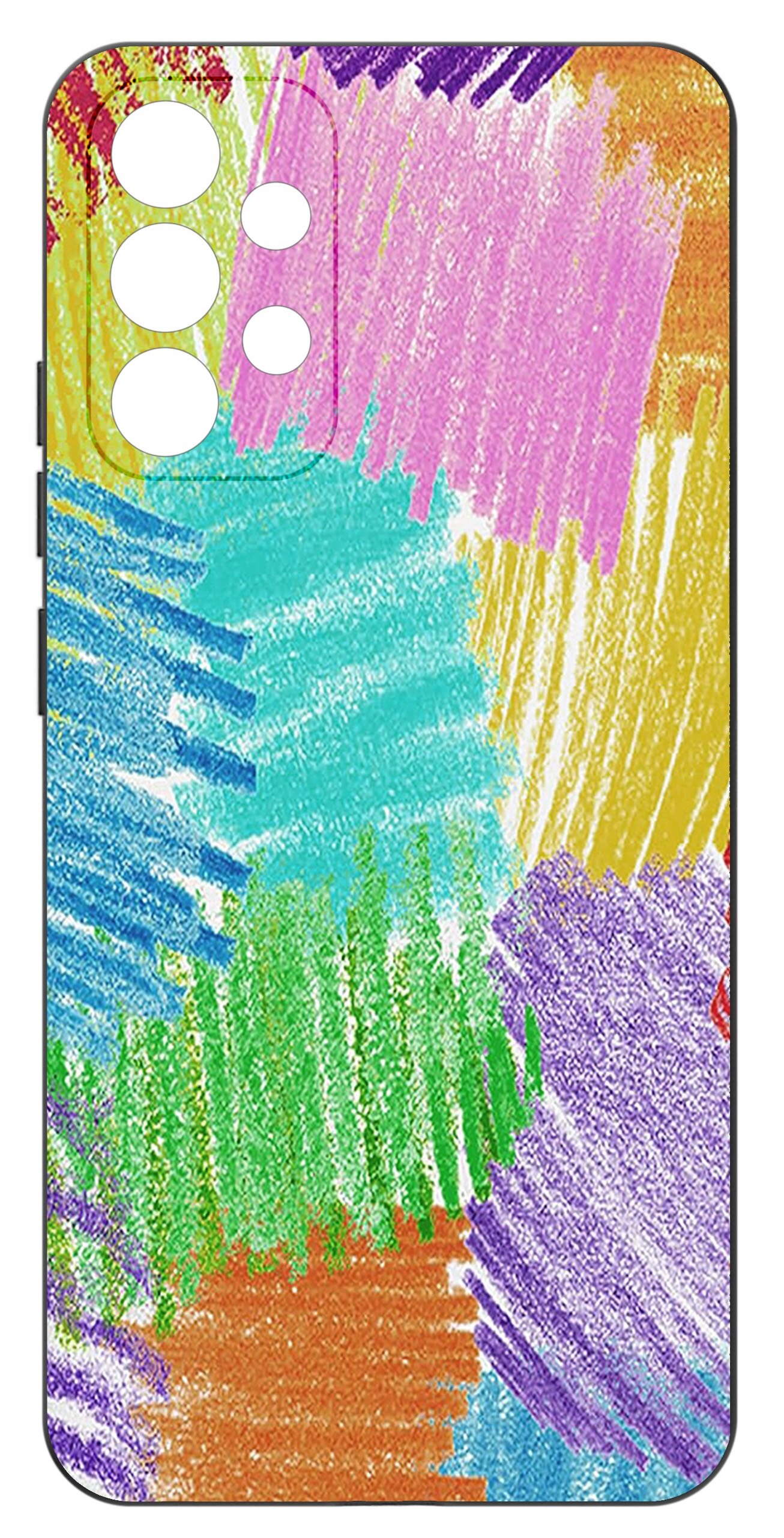 Etui na telefon z kolorowym, abstrakcyjnym wzorem przypominającym pociągnięcia kredkami w różnych kolorach, takich jak różowy, niebieski, zielony, żółty i fioletowy. W górnej części widoczne są wycięcia na aparat.