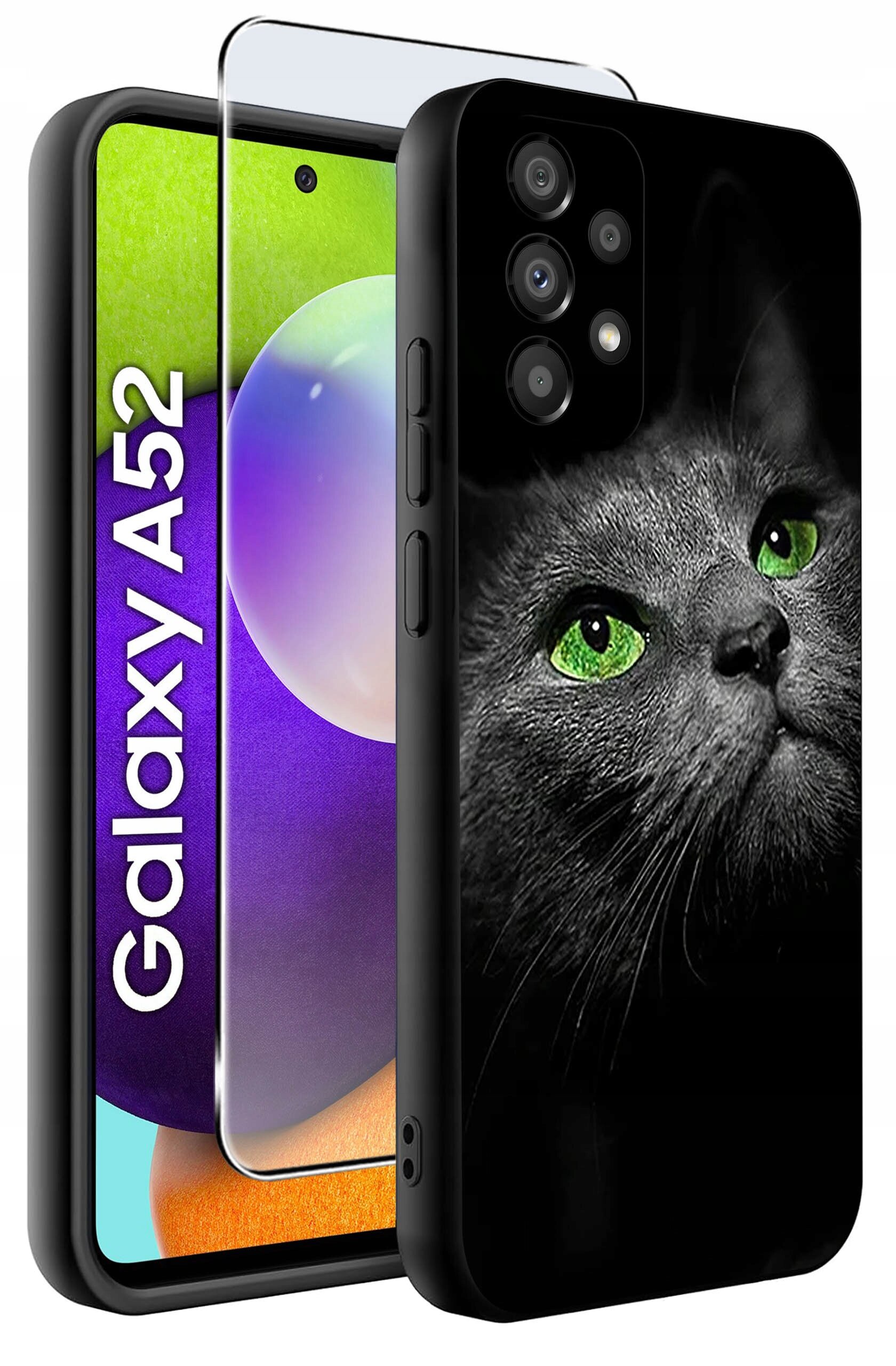 Etui na telefon z nadrukiem kota o zielonych oczach, obok którego znajduje się telefon z wyświetlaczem z napisem \'Galaxy A52\'.