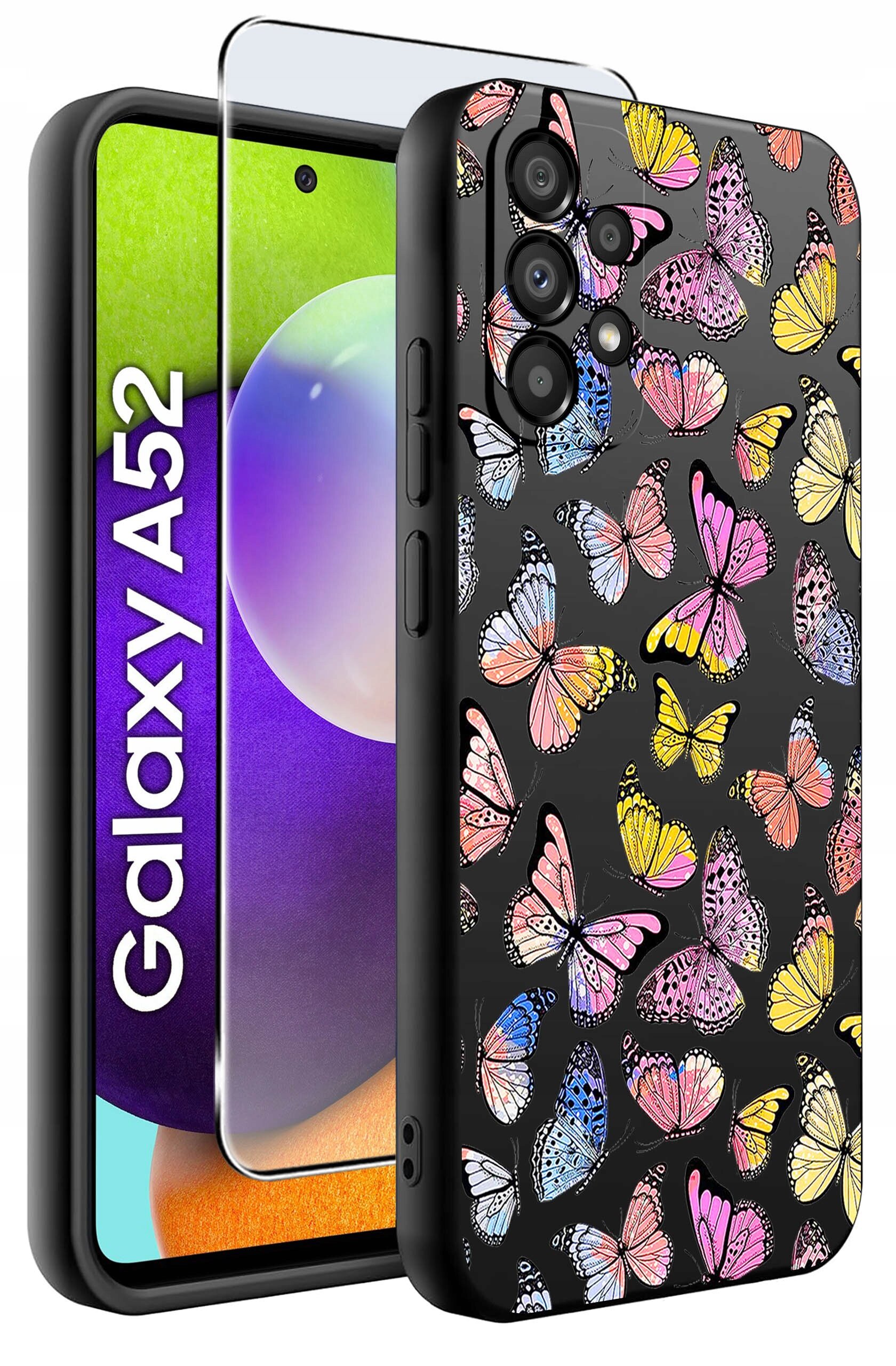 Obraz przedstawia etui na telefon z kolorowymi motylami na czarnym tle oraz szkło ochronne. Na ekranie telefonu widoczny jest napis \'Galaxy A52\'.