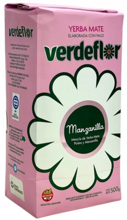 Różowe opakowanie Yerba Mate Verdeflor z dużym białym kwiatem i napisem \'Manzanilla Mezcla de Yerba Mate, Poleo y Manzanilla\'. W dolnej części widnieje napis \'Contenido Neto 500g\'.
