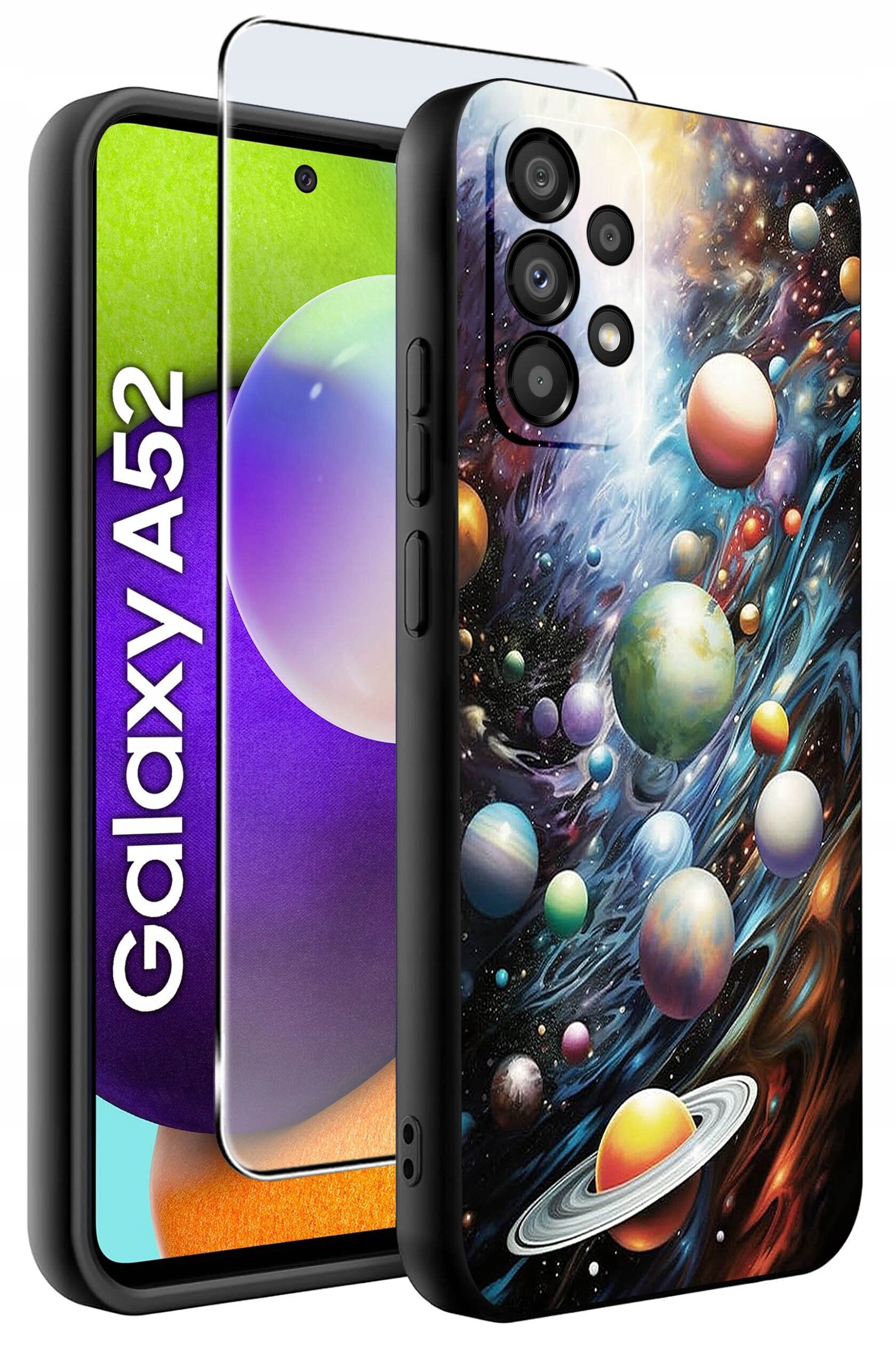 Obraz przedstawia etui na telefon z kolorowym wzorem kosmosu i planet. Obok widoczny jest telefon z napisem \'Galaxy A52\'.