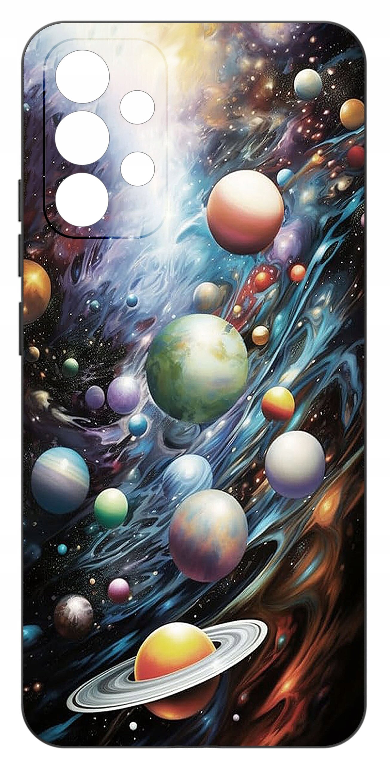Etui na telefon z kolorowym wzorem przedstawiającym planety na tle kosmosu. W górnej części widoczne są wycięcia na aparat.