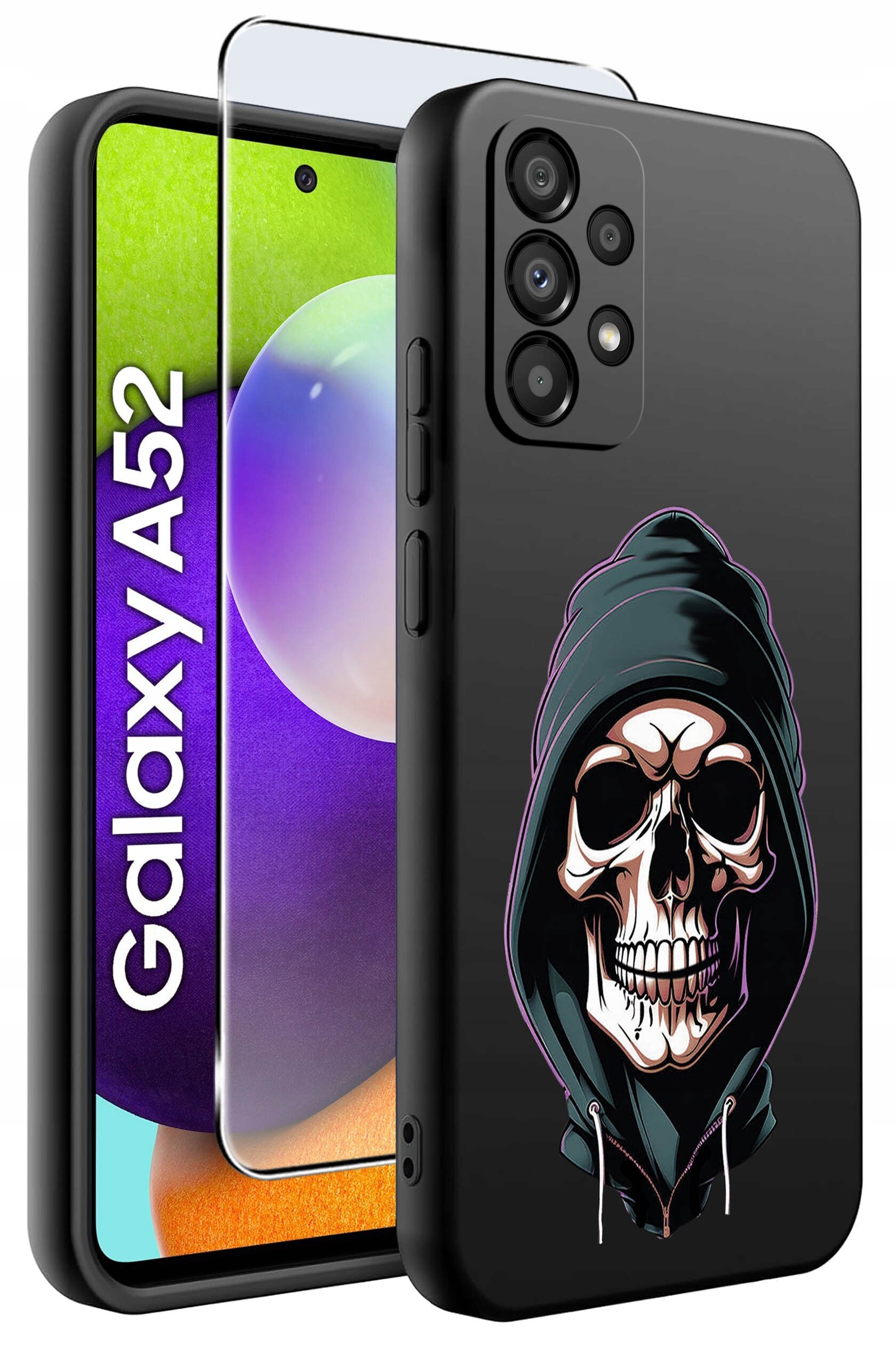 Obraz przedstawia czarne etui na telefon z nadrukiem czaszki w kapturze oraz szkło ochronne. W tle widoczny jest telefon z napisem \'Galaxy A52\'.