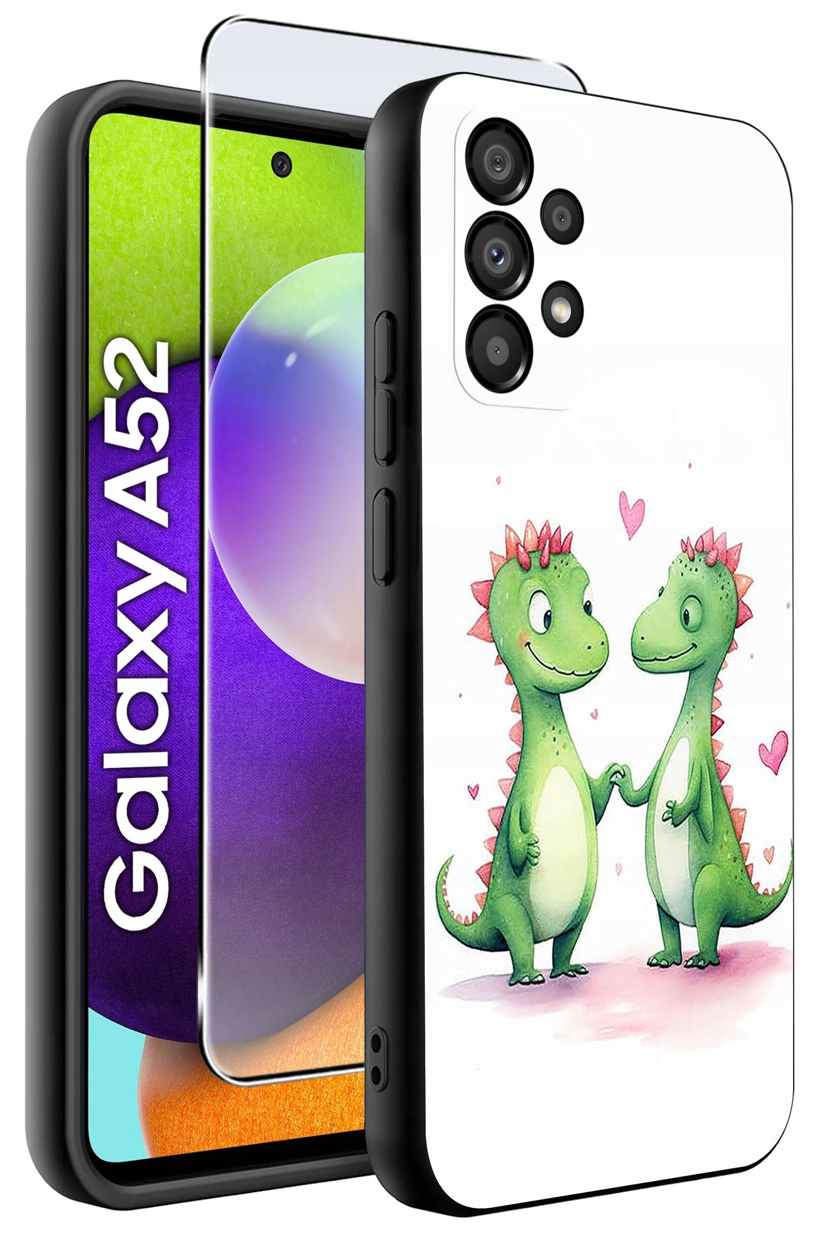 Etui na telefon z grafiką dwóch zielonych dinozaurów trzymających się za ręce, otoczonych różowymi serduszkami. Obok widoczny jest napis \'Galaxy A52\' oraz przezroczysta osłona ekranu.