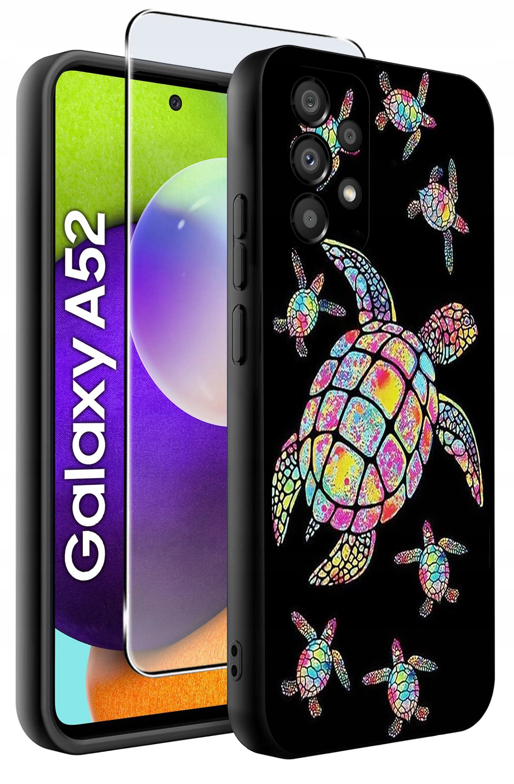 Etui na telefon z kolorowym wzorem żółwi na czarnym tle, obok widoczny napis \'Galaxy A52\'.