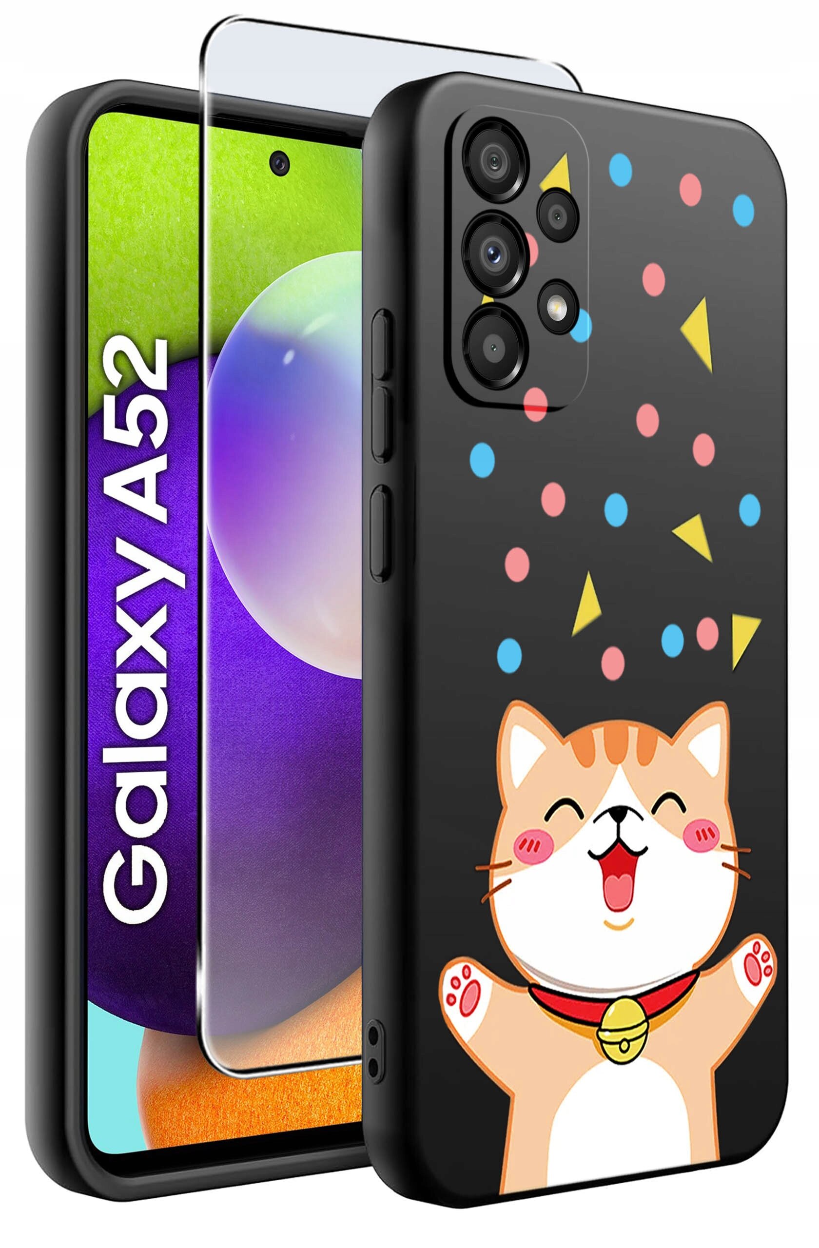 Etui na telefon z grafiką uśmiechniętego kota i kolorowymi kształtami na czarnym tle. Obok widoczny jest telefon z napisem \'Galaxy A52\'.