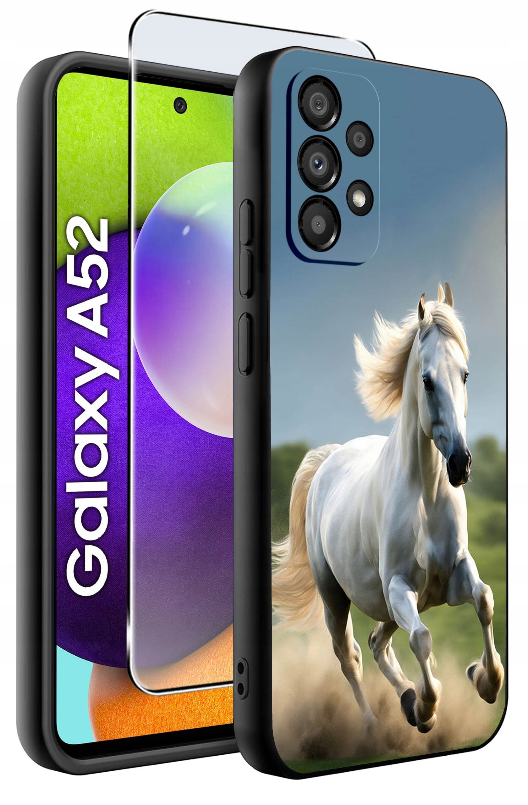 Etui na telefon z nadrukiem galopującego białego konia, obok widoczny telefon z napisem \'Galaxy A52\'.
