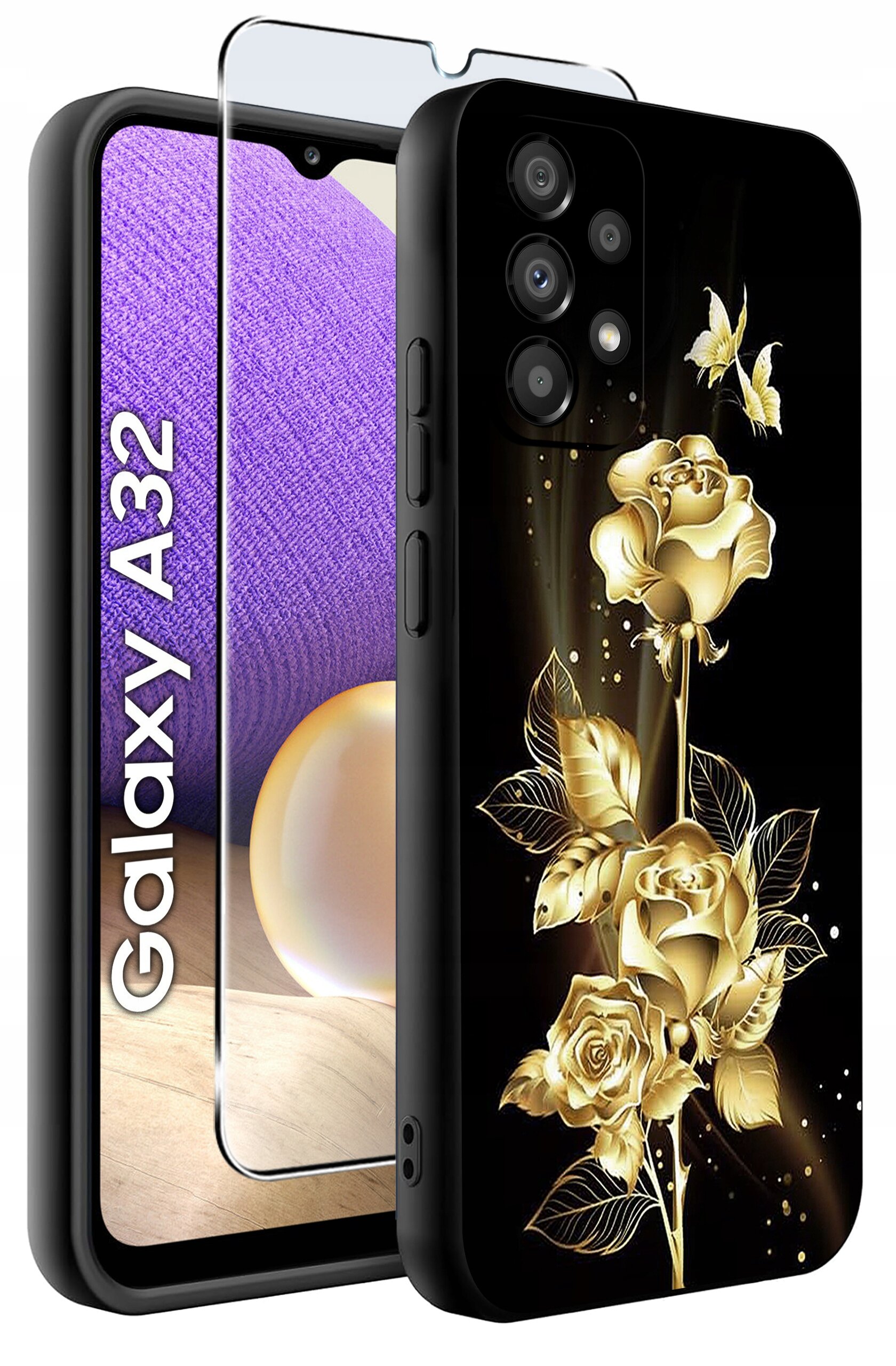 Obraz przedstawia etui na telefon z motywem złotych róż i motyli na czarnym tle. Obok widoczny jest napis \'Galaxy A32\' oraz szkło ochronne na ekran.