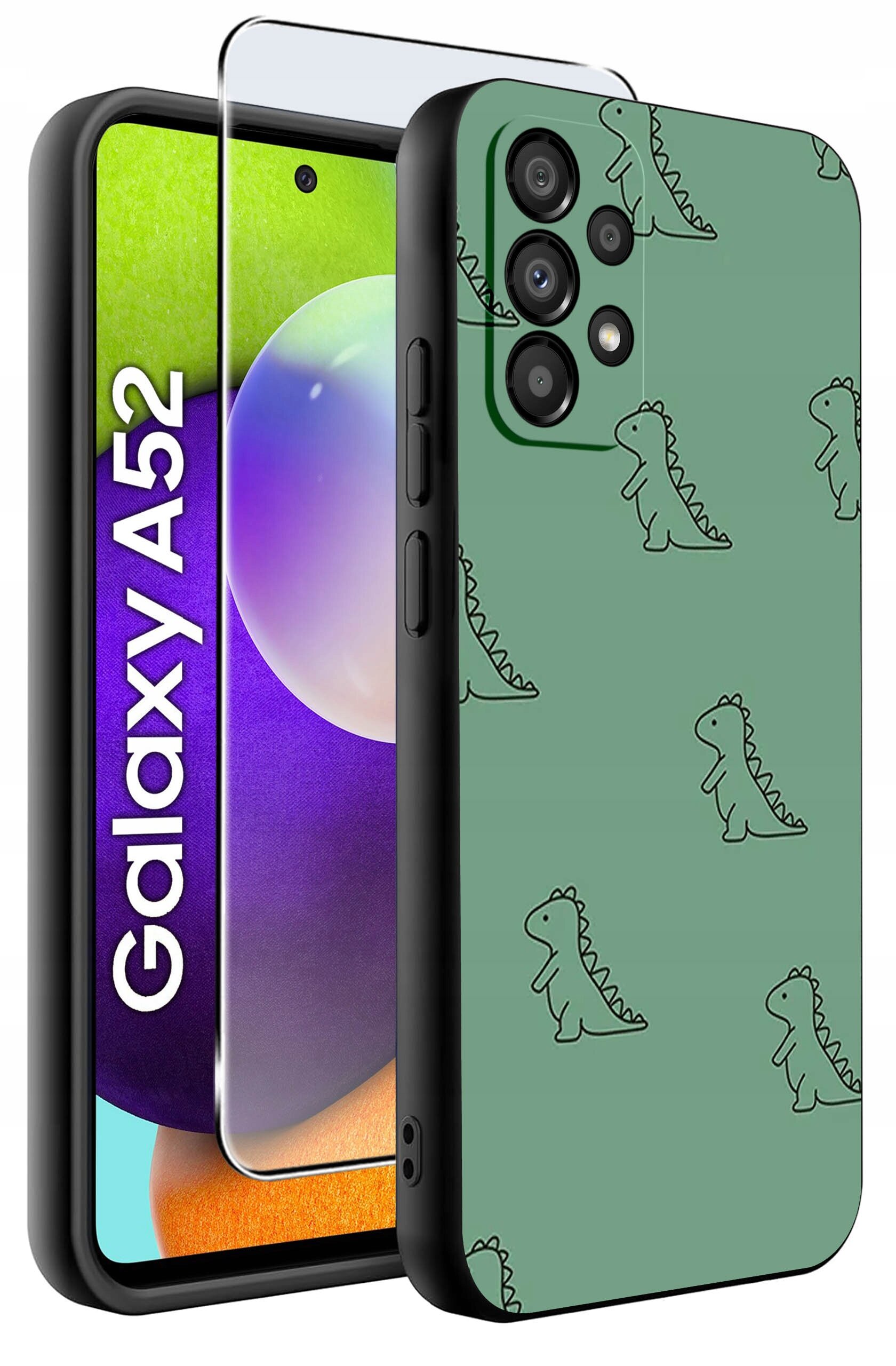 Obraz przedstawia zielone etui z wzorem dinozaurów na telefon Samsung A52. Obok etui widoczna jest szybka ochronna oraz ekran telefonu z napisem \'Galaxy A52\'.
