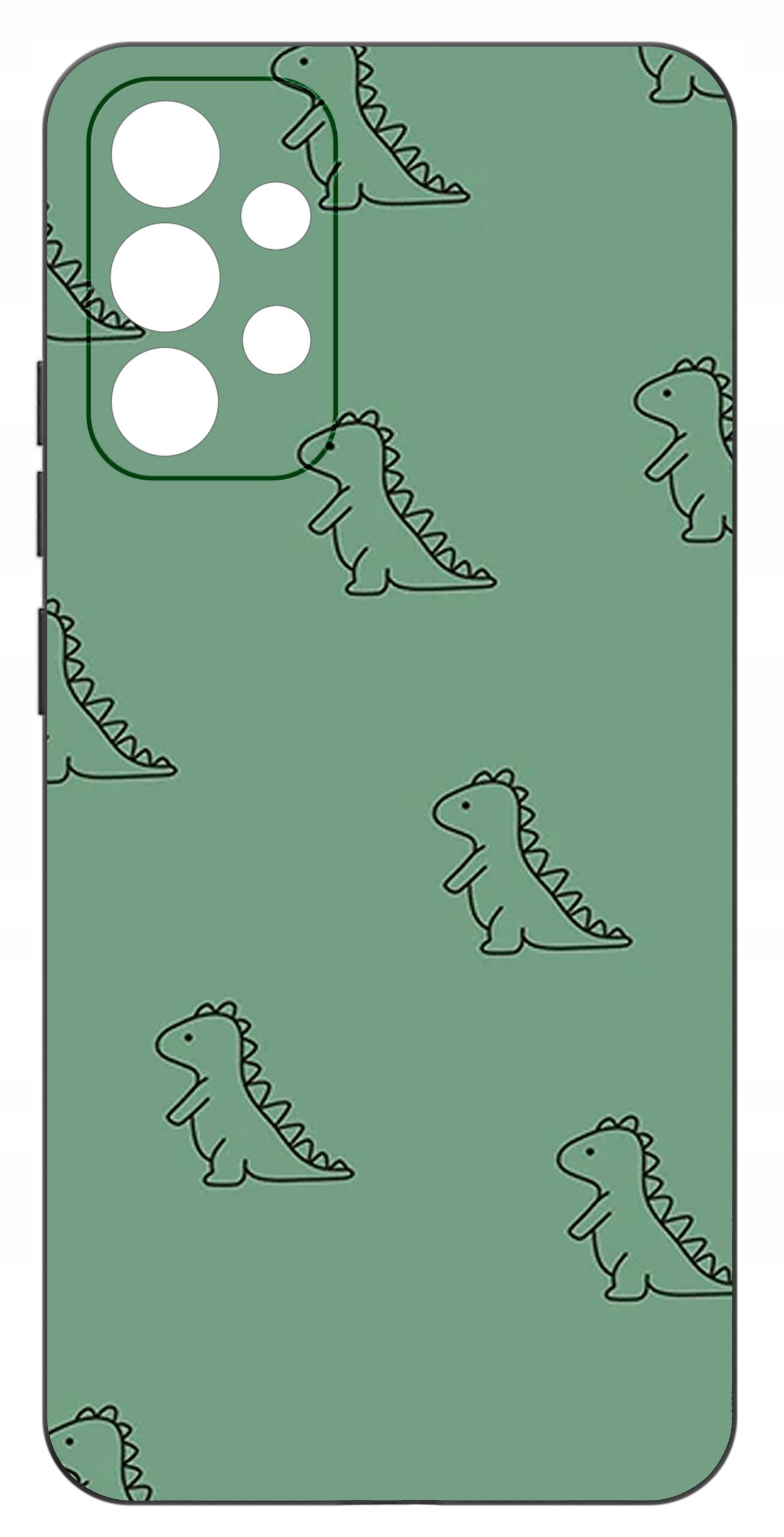 Zielone etui na telefon z wzorem przedstawiającym małe, konturowe dinozaury. Etui ma wycięcia na aparat i przyciski.