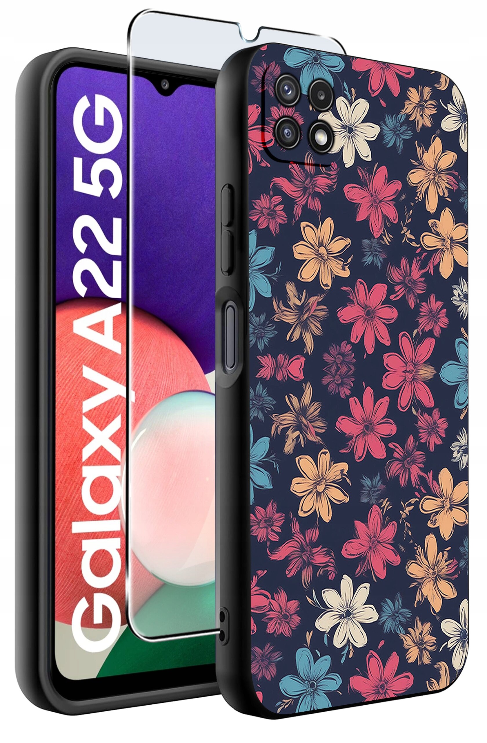 Etui na telefon z kolorowym wzorem kwiatowym oraz szkło ochronne. Widoczny napis: \'Galaxy A22 5G\'.