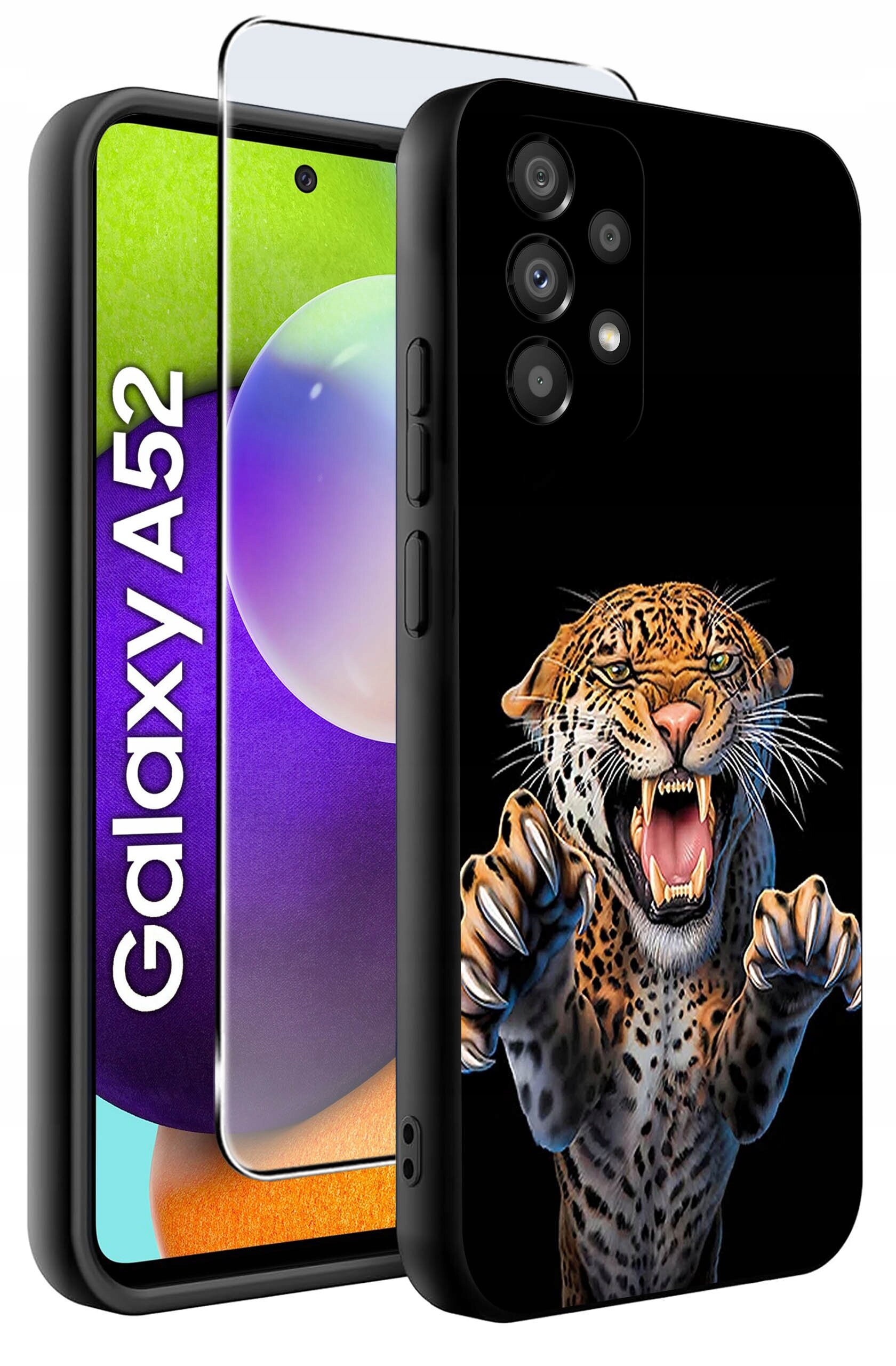 Obraz przedstawia etui na telefon z nadrukiem ryczącego lamparta oraz szkło ochronne. Obok widoczny jest telefon z napisem \'Galaxy A52\'.
