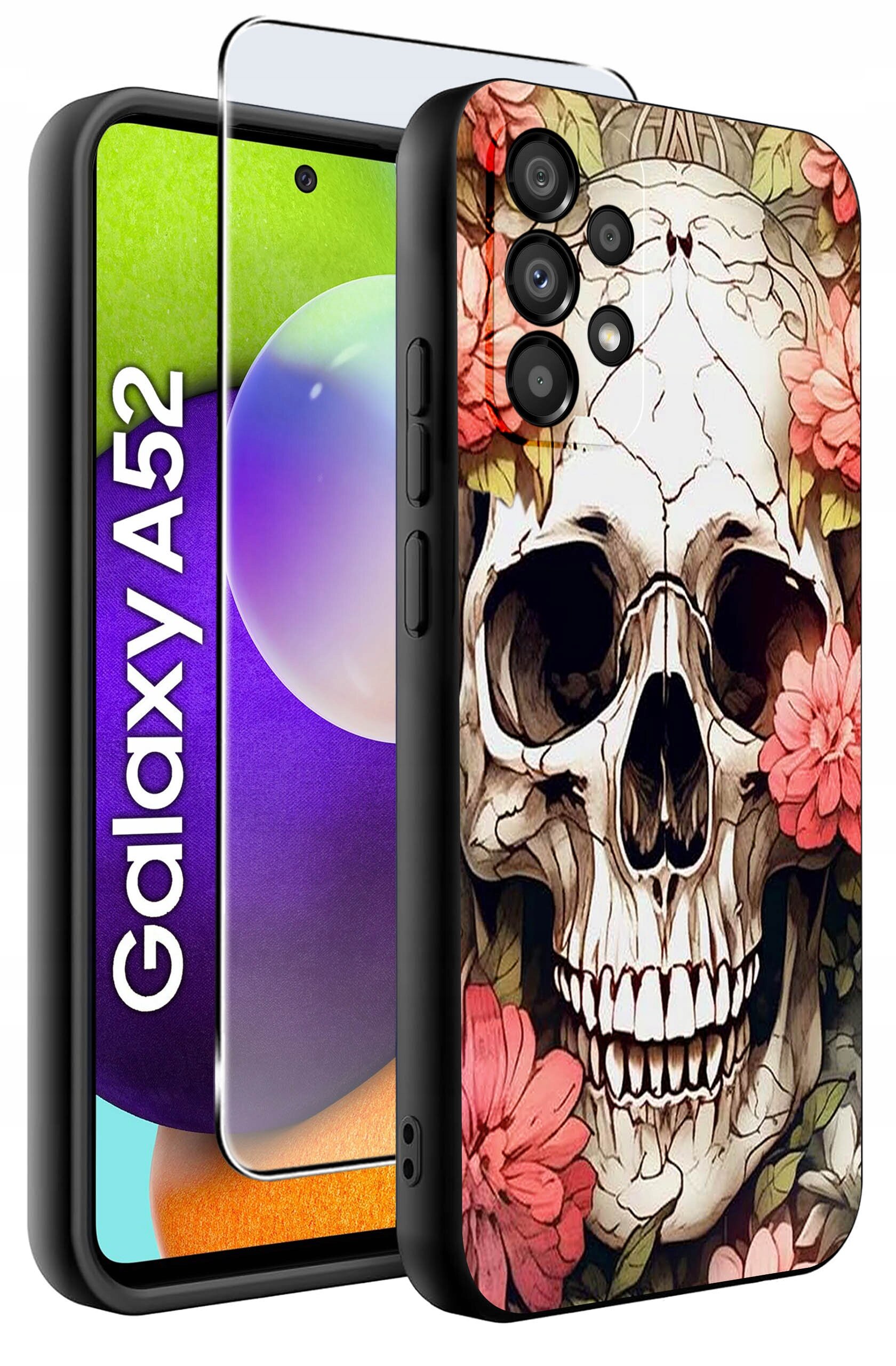 Obraz przedstawia etui na telefon z motywem czaszki otoczonej kwiatami, obok którego znajduje się telefon z wyświetlaczem pokazującym napis \'Galaxy A52\'.