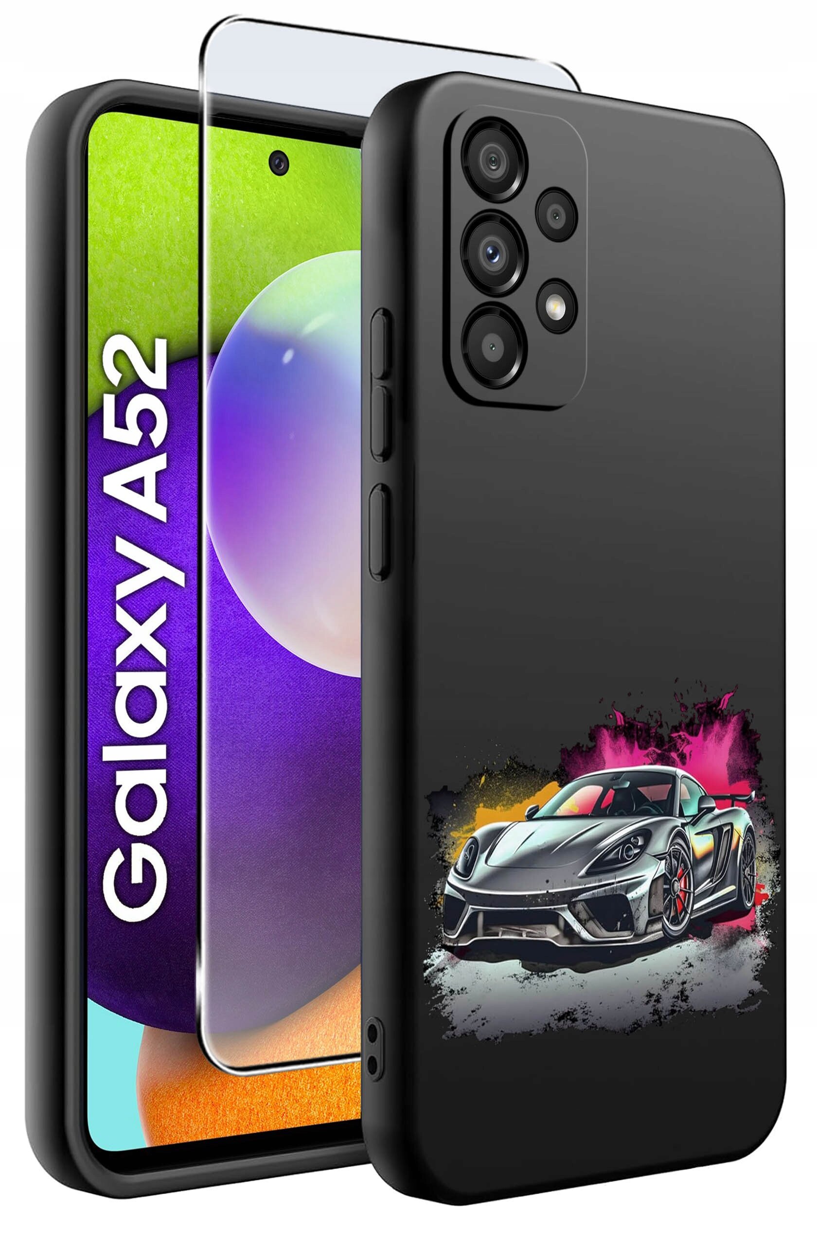Obraz przedstawia czarne etui na telefon z kolorowym nadrukiem samochodu sportowego. Obok widoczny jest telefon z napisem \'Galaxy A52\' na ekranie oraz szkło ochronne.
