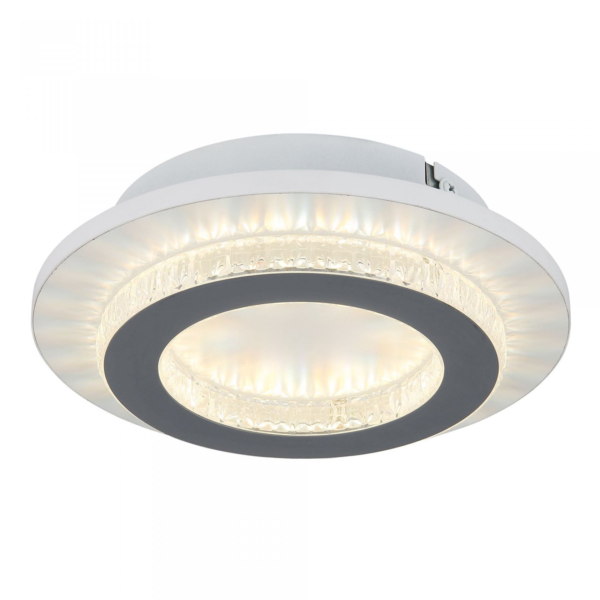 Nowoczesna lampa sufitowa LED o okrągłym kształcie z centralnym źródłem światła otoczonym przezroczystym pierścieniem. Lampa ma metaliczny, szary akcent na zewnętrznej krawędzi.