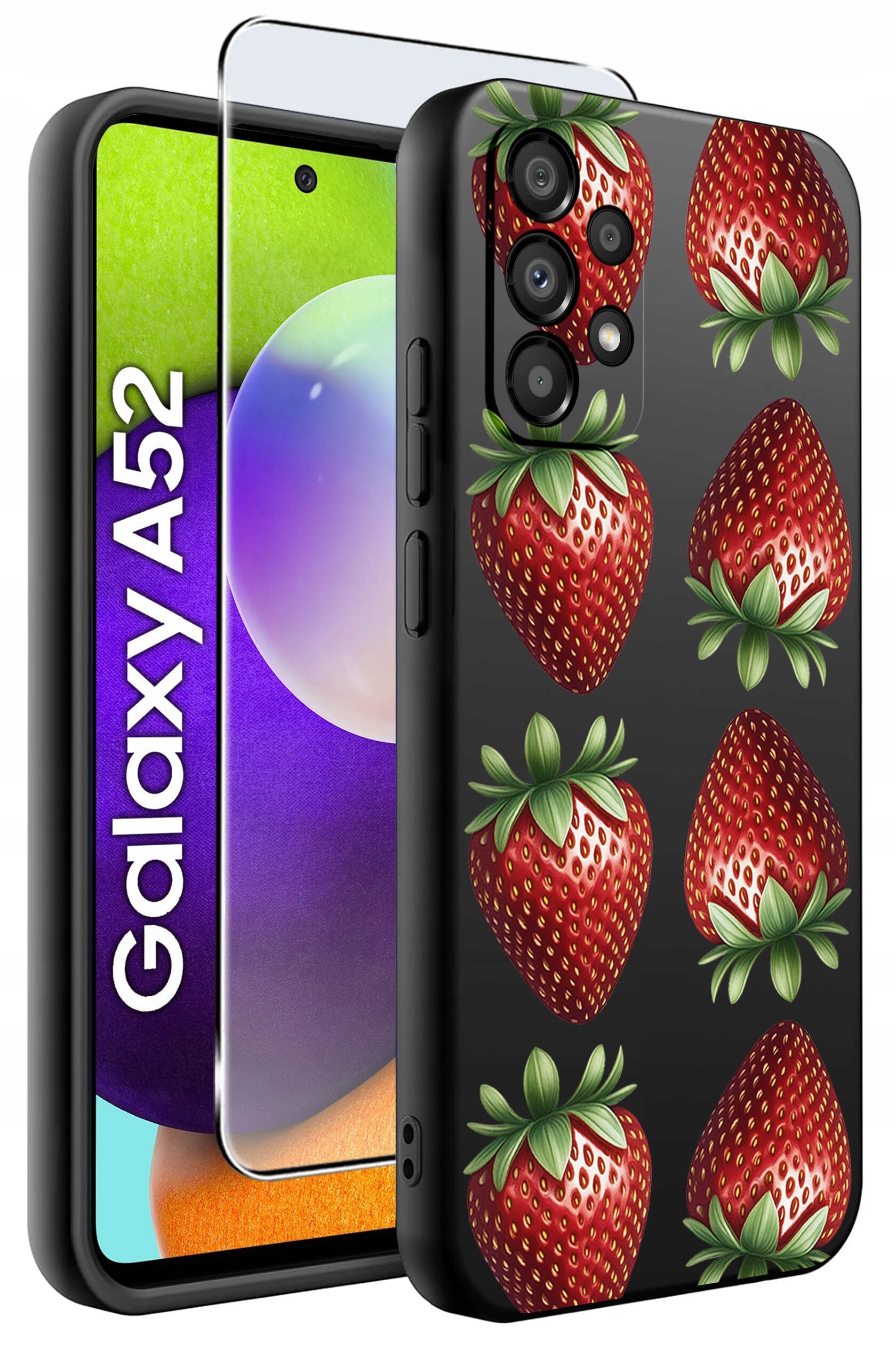 Obraz przedstawia etui na telefon z motywem truskawek oraz szkło ochronne. Na ekranie telefonu widoczny jest napis \'Galaxy A52\'.