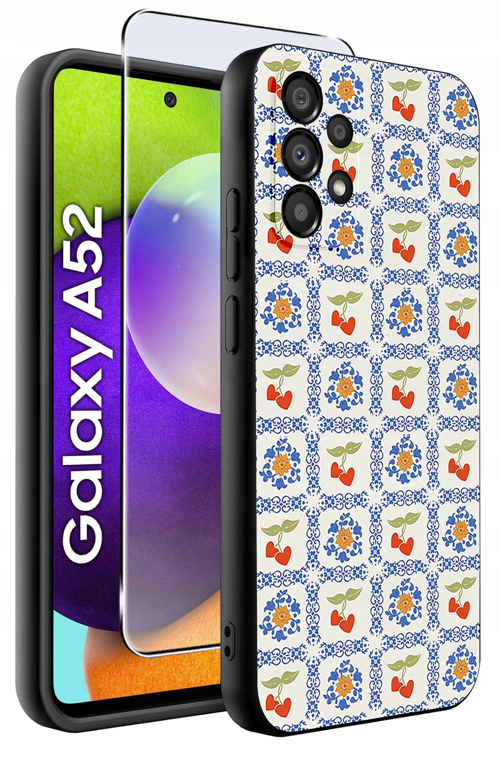 Obraz przedstawia etui na telefon z wzorem w kwiaty i owoce oraz szkło ochronne. Na ekranie telefonu widoczny jest napis \'Galaxy A52\'.