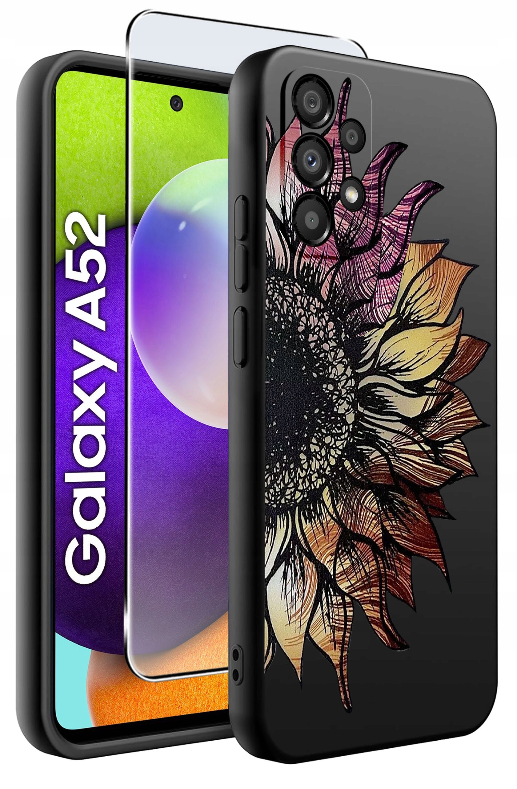 Obraz przedstawia etui na telefon z motywem słonecznika oraz szkło ochronne. Na ekranie telefonu widoczny jest napis \'Galaxy A52\'.