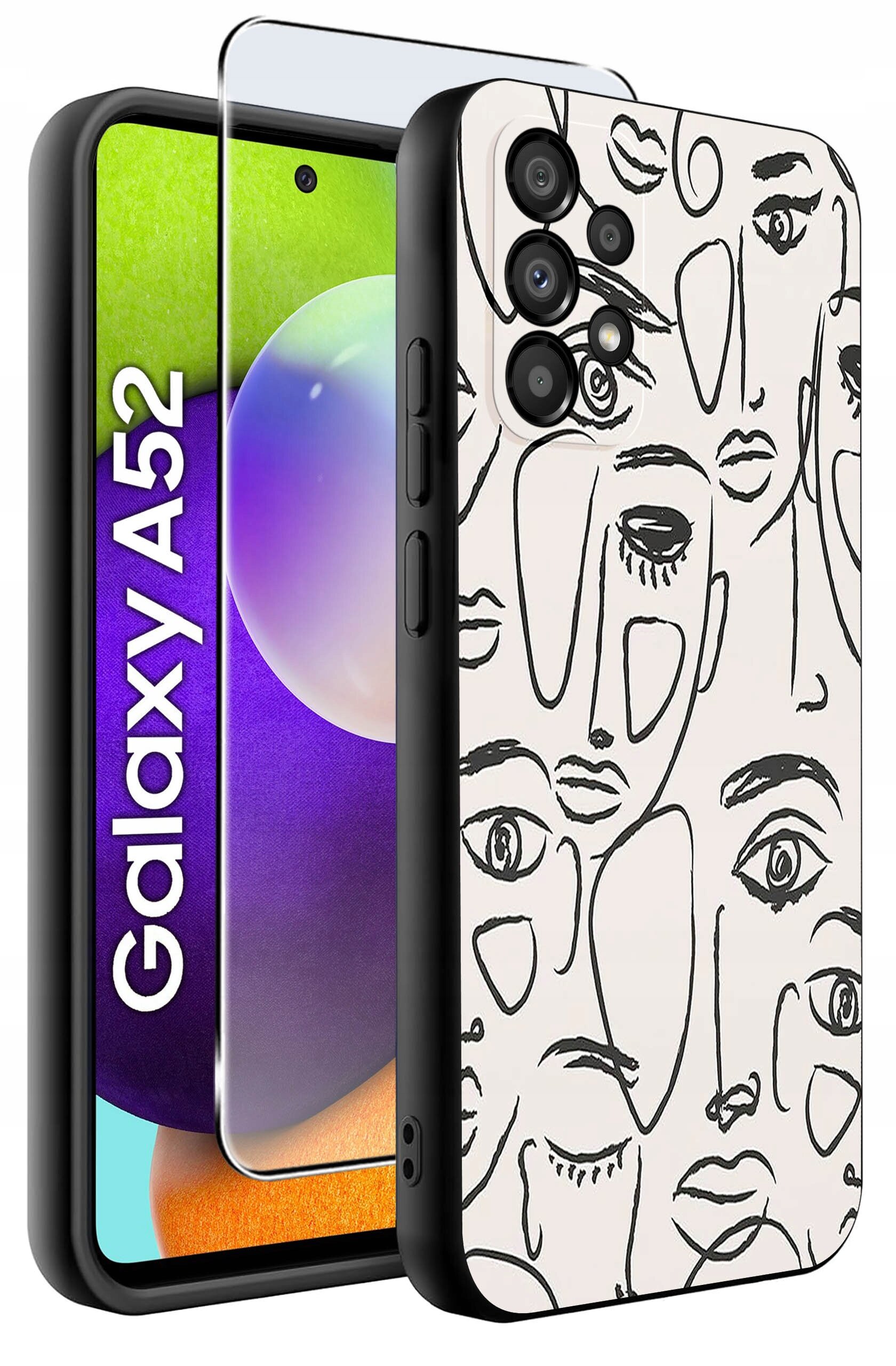 Obraz przedstawia telefon z etui ozdobionym wzorami twarzy w stylu line art oraz szkło ochronne. Na ekranie telefonu widoczny jest napis \'Galaxy A52\'.