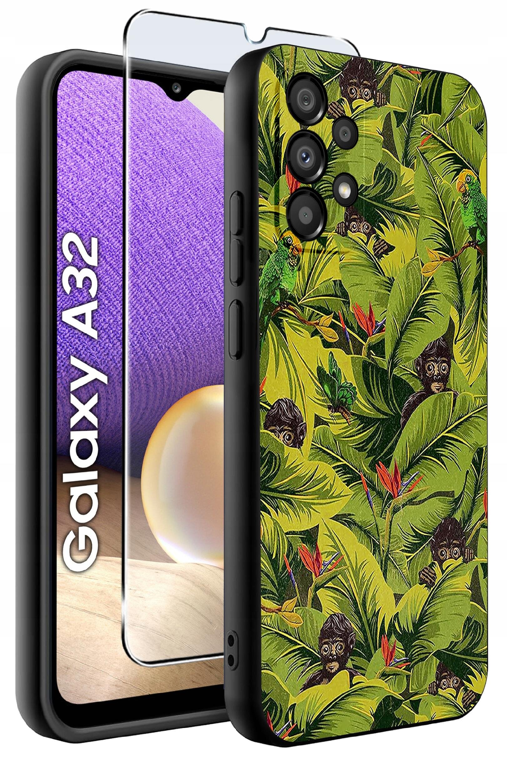 Etui na telefon z motywem tropikalnym, przedstawiające zielone liście i małpy, obok znajduje się szkło ochronne. Widoczny napis: \'Galaxy A32\'.