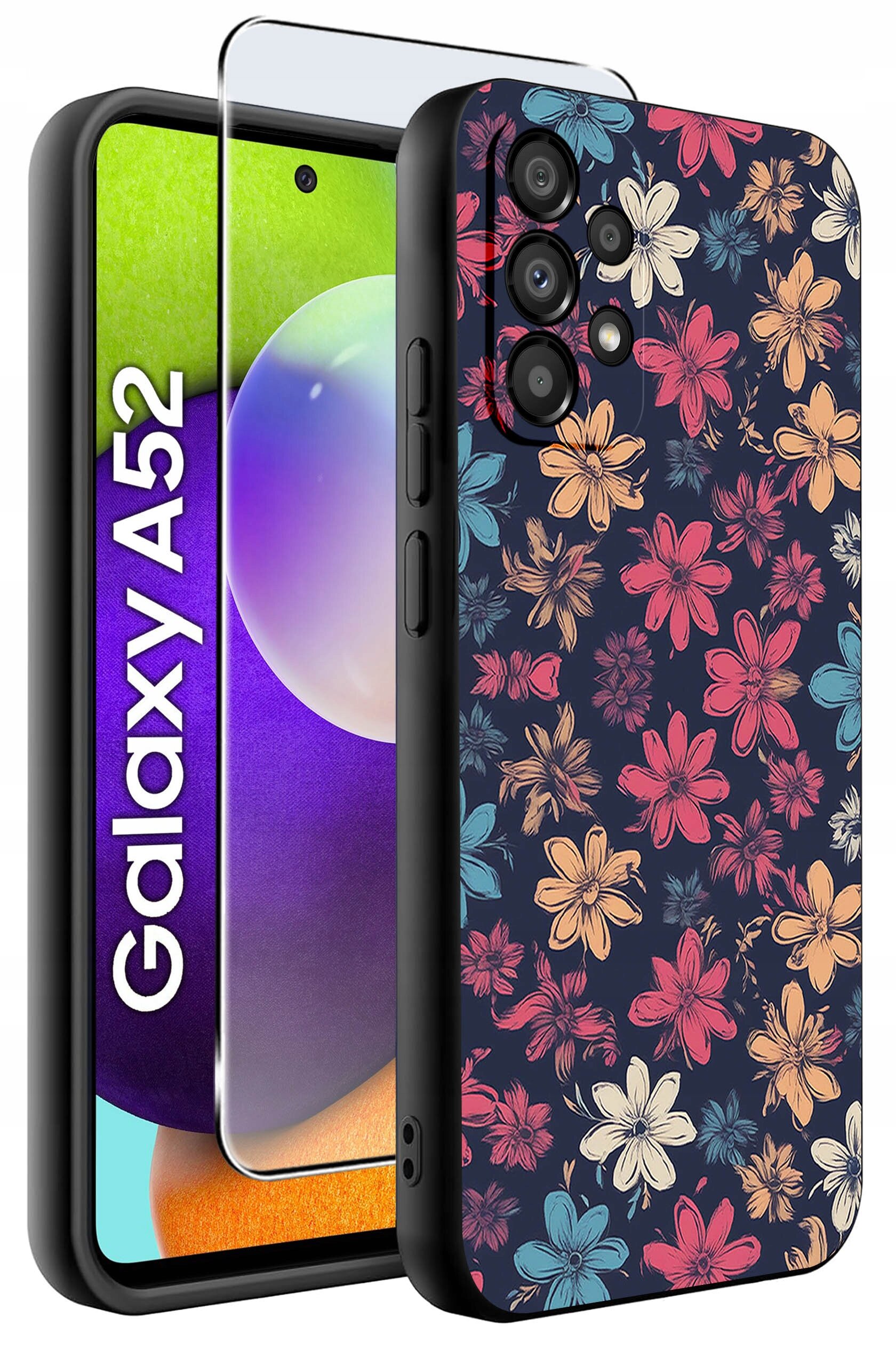 Obraz przedstawia etui na telefon z kolorowym wzorem kwiatowym oraz szkło ochronne. Na ekranie telefonu widoczny jest napis \'Galaxy A52\'.