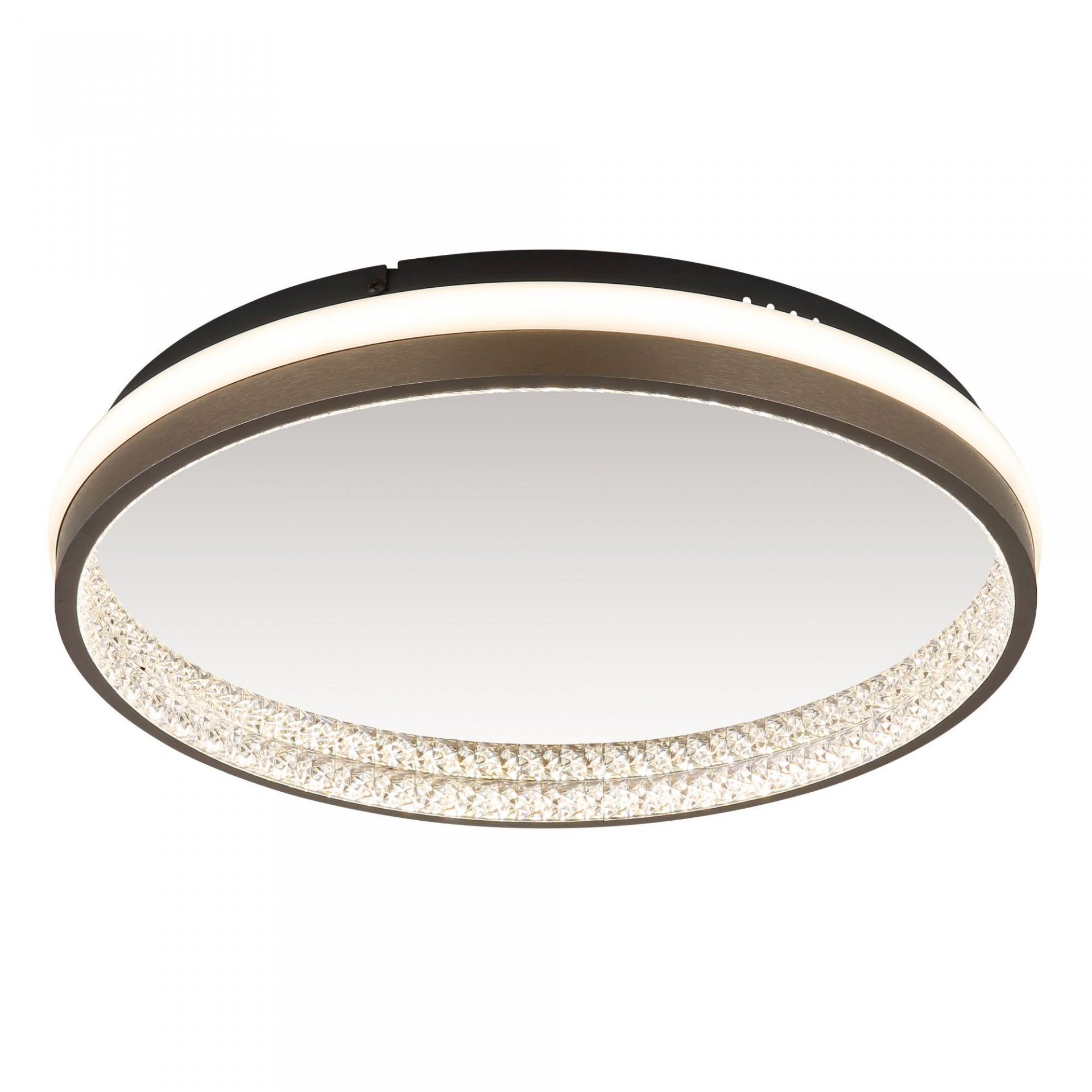 Okrągła lampa sufitowa LED z nowoczesnym designem, posiadająca metalową obudowę i dekoracyjny pierścień z kryształkami. Emituje jasne, równomierne światło.
