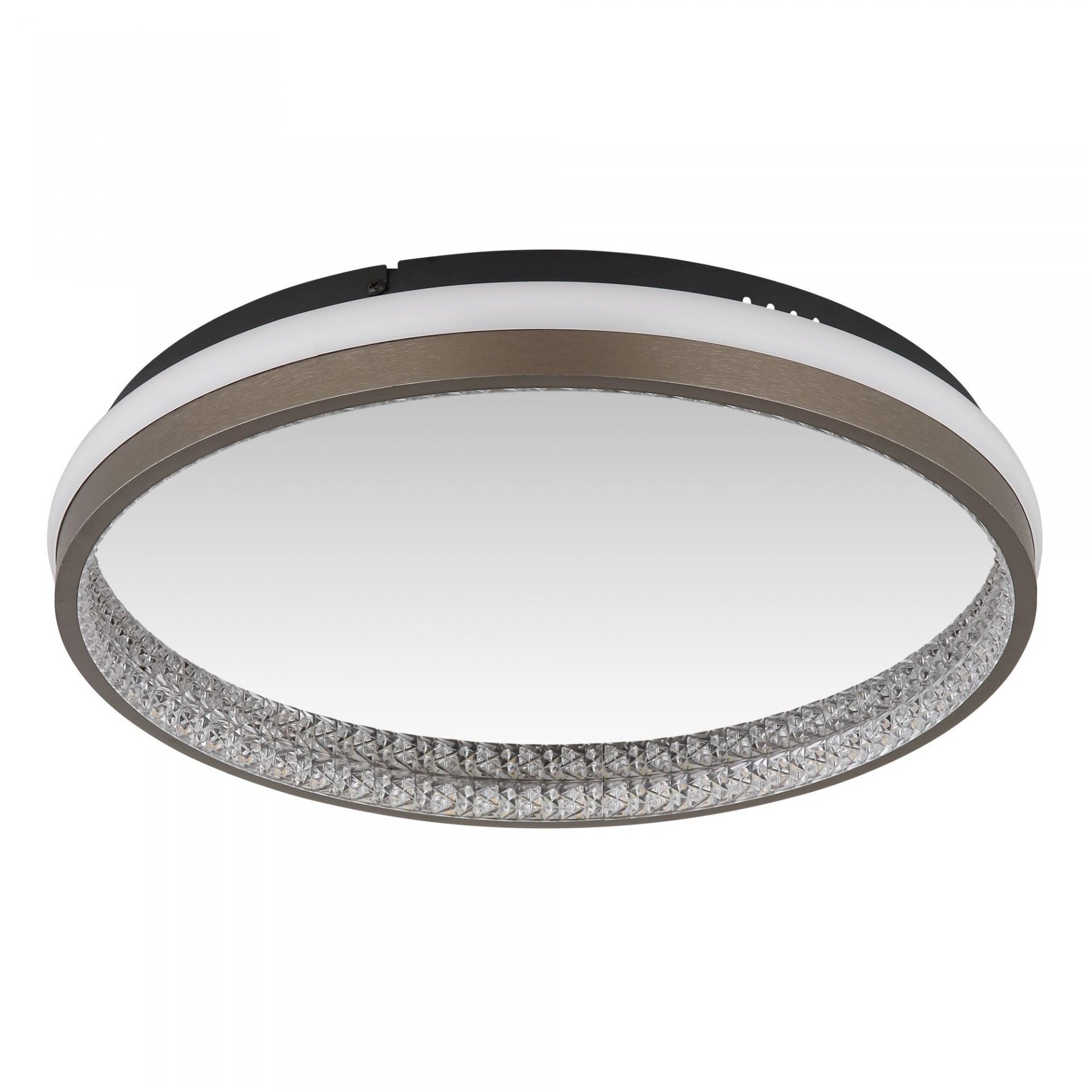 Okrągła lampa sufitowa LED z metalowym wykończeniem i dekoracyjnym wzorem na krawędzi. Lampa ma nowoczesny design i jednolitą powierzchnię świetlną.