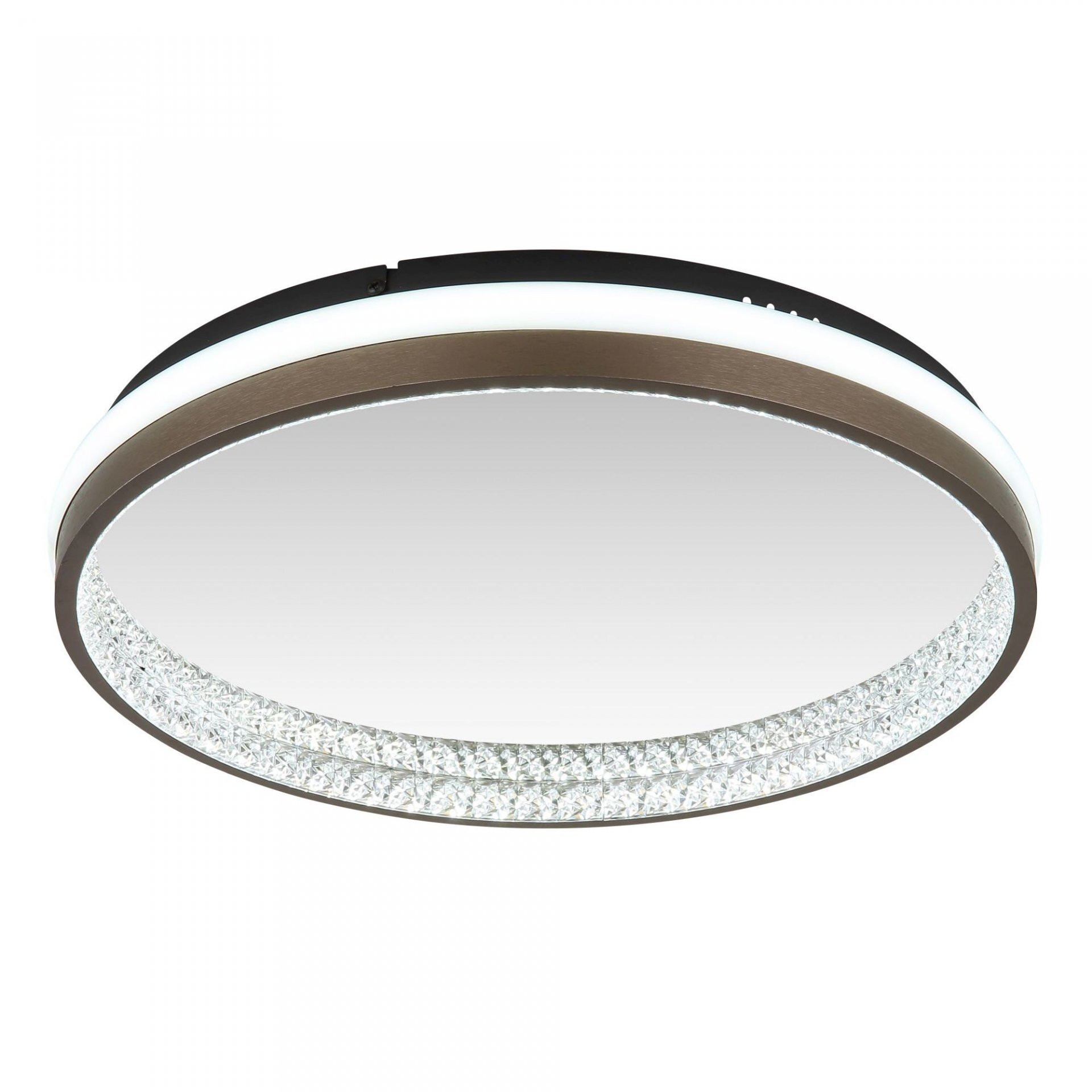 Okrągła lampa sufitowa LED z brązowym obramowaniem i białym, świecącym pierścieniem. Wewnętrzna część lampy ozdobiona jest wzorem przypominającym kryształy.
