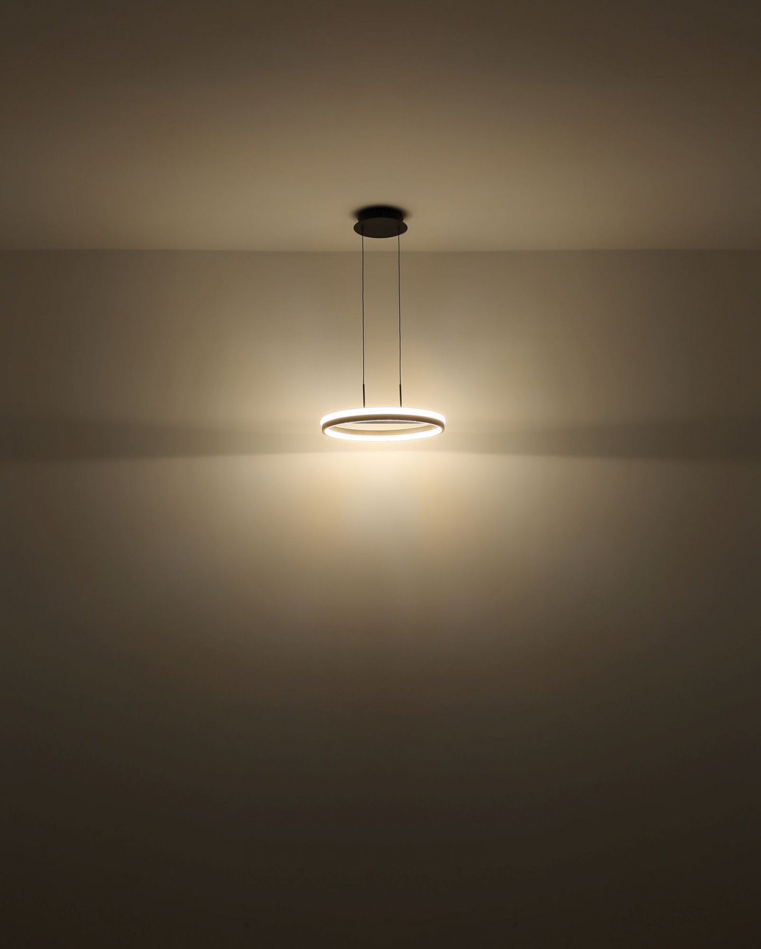 Na obrazie widoczna jest nowoczesna lampa sufitowa LED w kształcie okręgu, emitująca ciepłe światło. Lampa jest zawieszona na dwóch cienkich przewodach przymocowanych do sufitu.