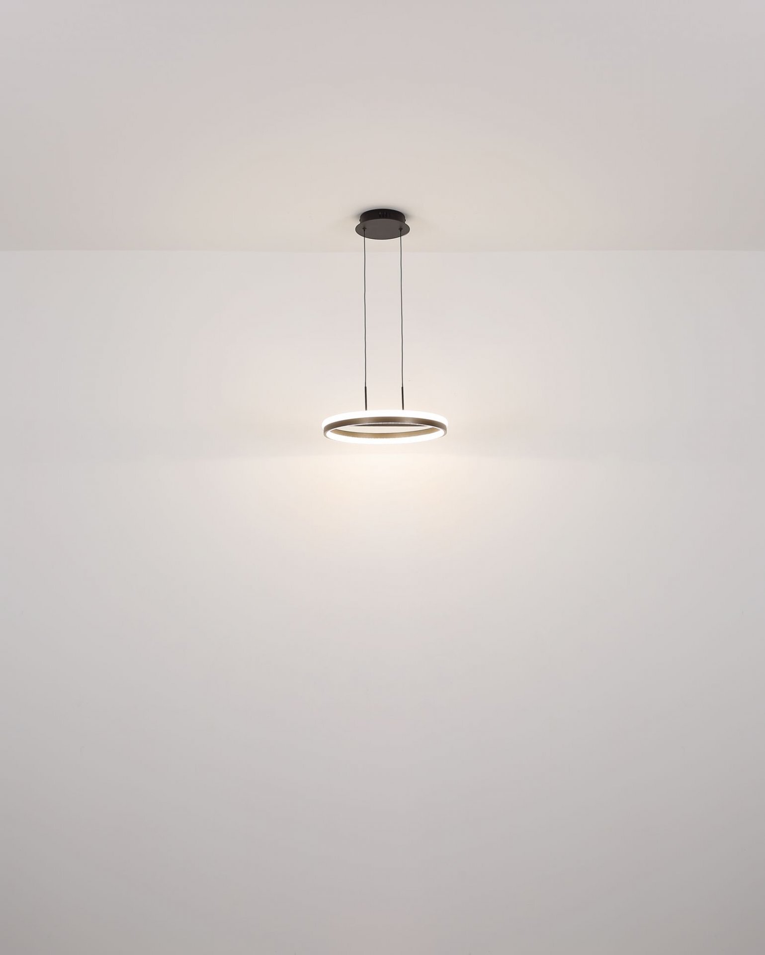 Na obrazie widoczna jest nowoczesna lampa sufitowa LED w kształcie okręgu, zawieszona na dwóch cienkich przewodach. Lampa emituje jasne, rozproszone światło na białe tło.