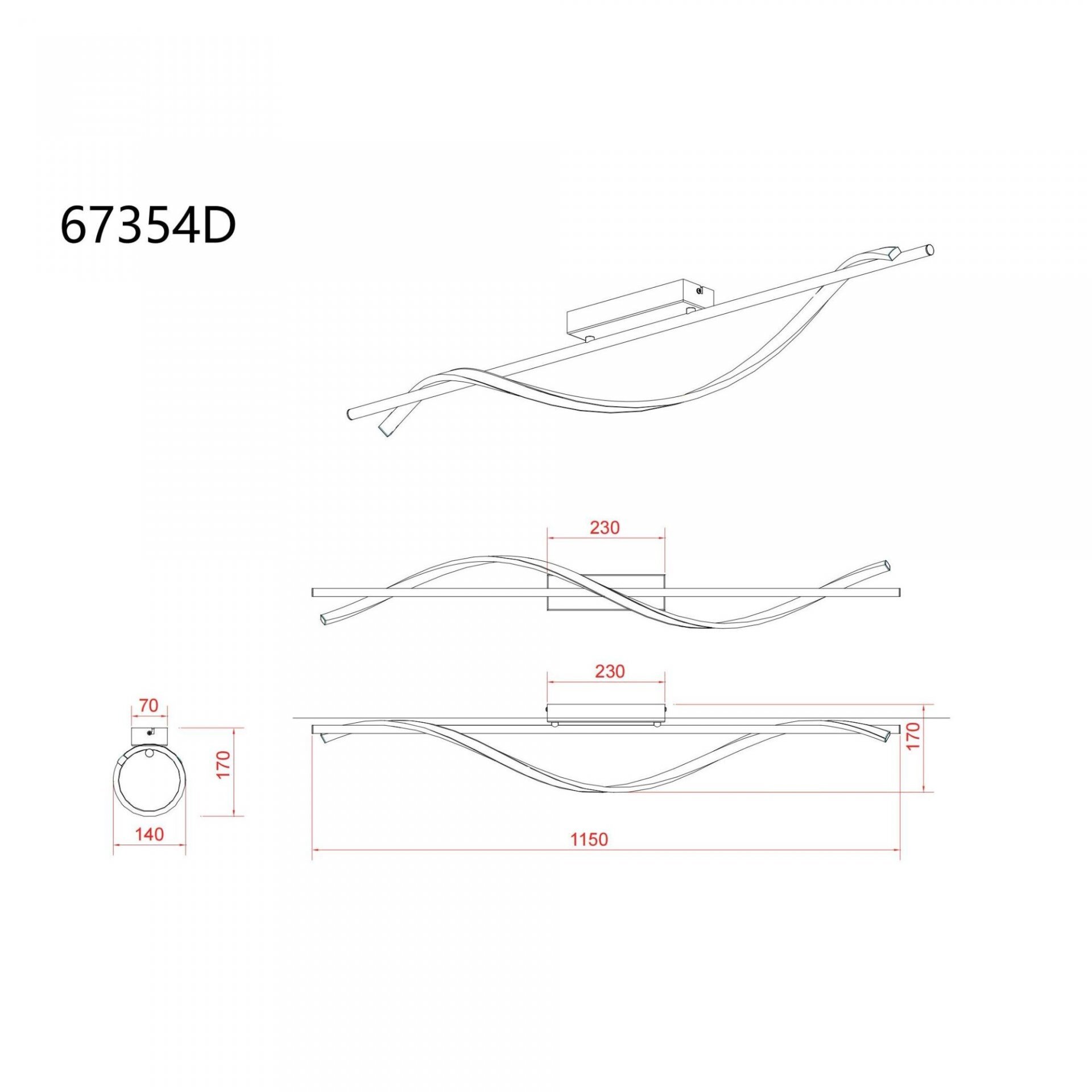 Schemat techniczny lampy sufitowej LED z oznaczeniem modelu 67354D. Widoczne są wymiary: 230 mm, 1150 mm, 170 mm, 140 mm, 70 mm.