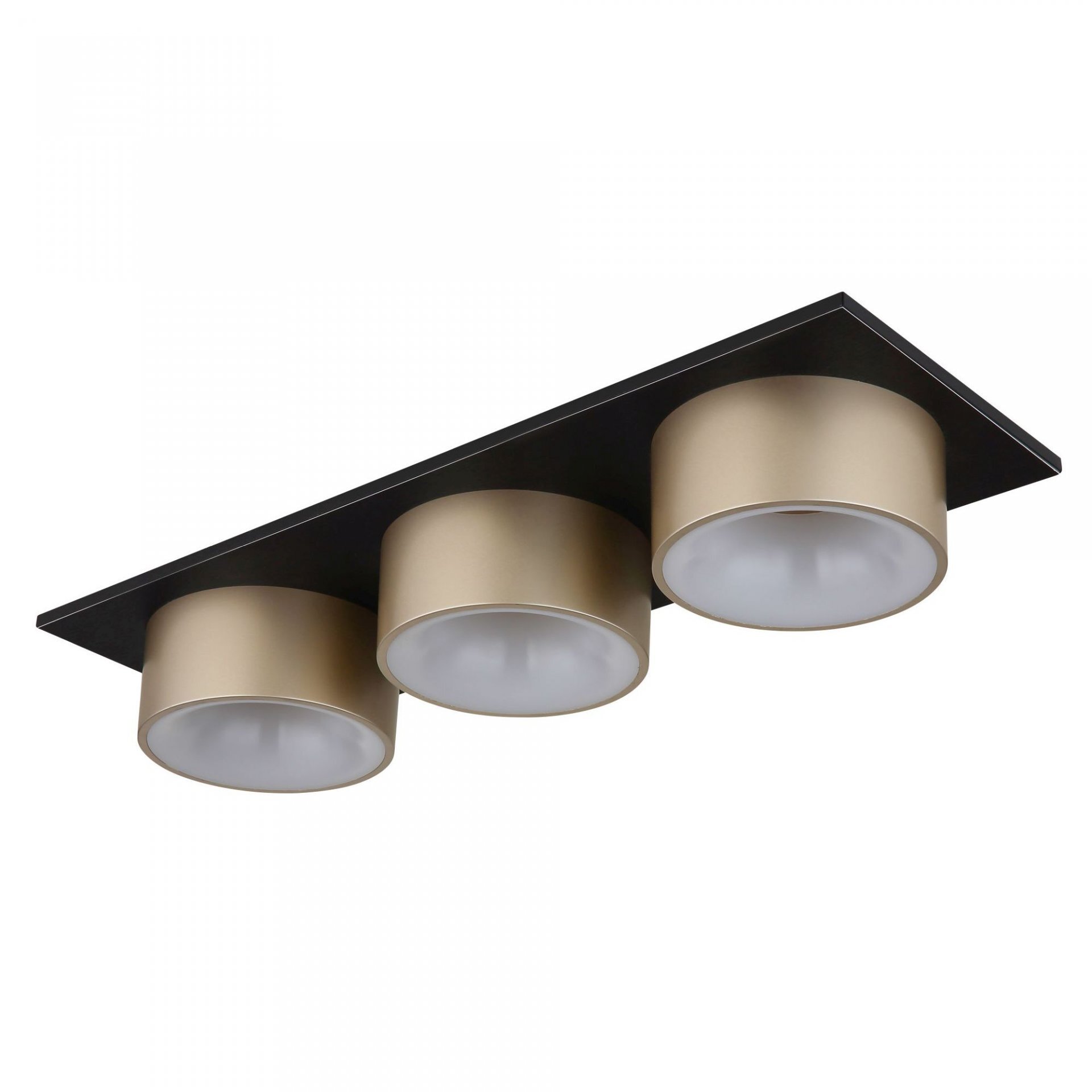 Lampa sufitowa LED z trzema okrągłymi kloszami w kolorze złotym, zamontowana na prostokątnej czarnej podstawie.