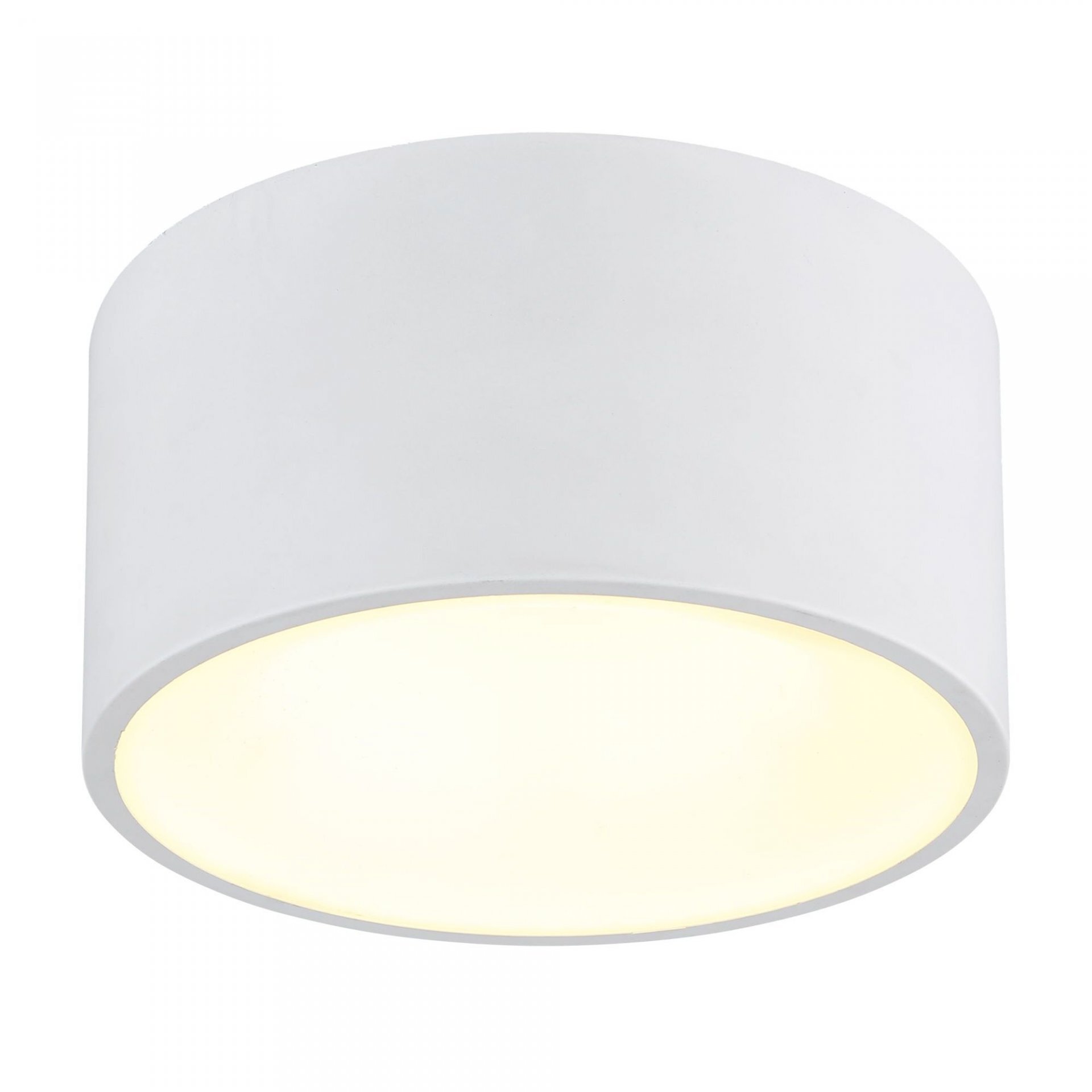Biała, cylindryczna lampa sufitowa z jasnym, rozproszonym światłem emitowanym od spodu.