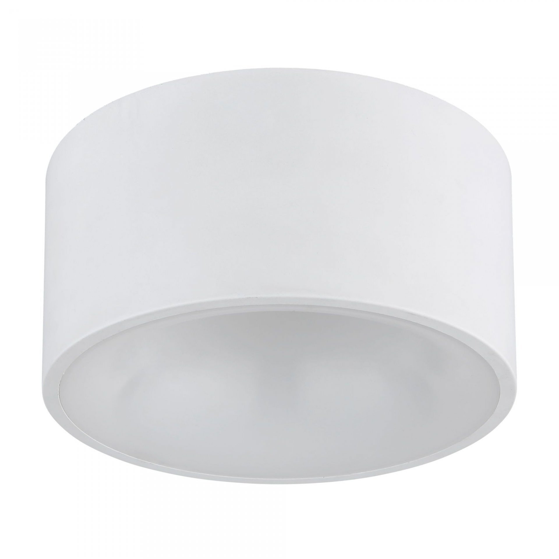 Biała, cylindryczna lampa sufitowa o gładkiej powierzchni i nowoczesnym designie.