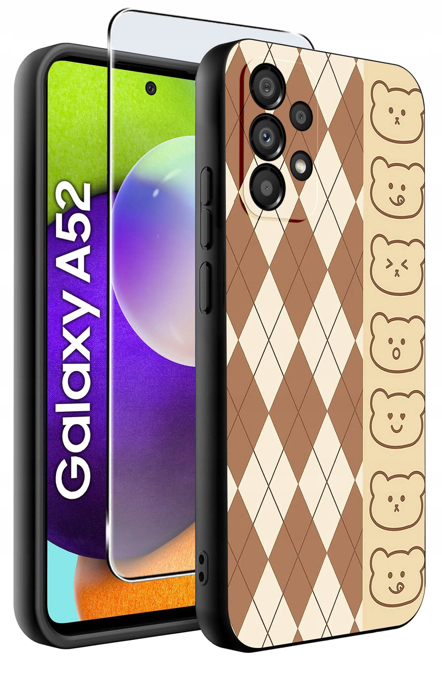 Etui na telefon z wzorem w romby i rysunkami misiów na brązowym tle. Obok widoczny jest napis \'Galaxy A52\' oraz szkło ochronne na ekran.