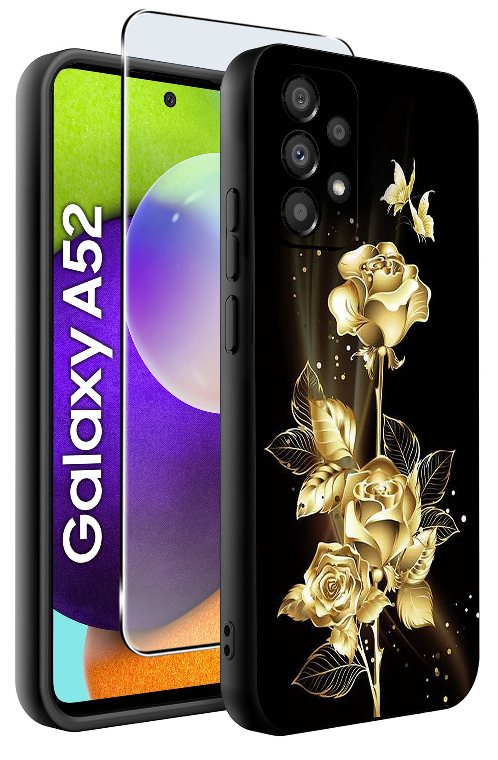 Etui na telefon z czarnym tłem ozdobione złotymi różami i motylami. Obok widoczny jest telefon z napisem \'Galaxy A52\'.