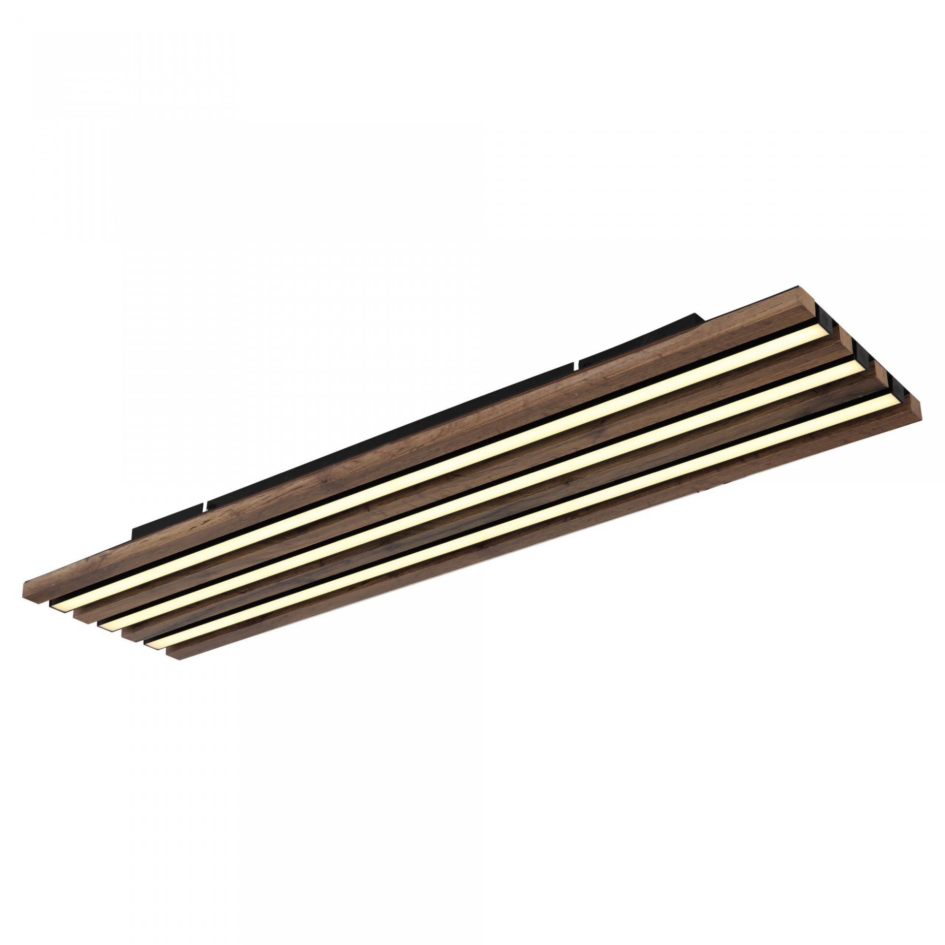 Lampa sufitowa LED o nowoczesnym designie, składająca się z kilku równoległych, drewnianych listew z wbudowanym oświetleniem. Całość ma prostokątny kształt i jest utrzymana w ciemnej kolorystyce.