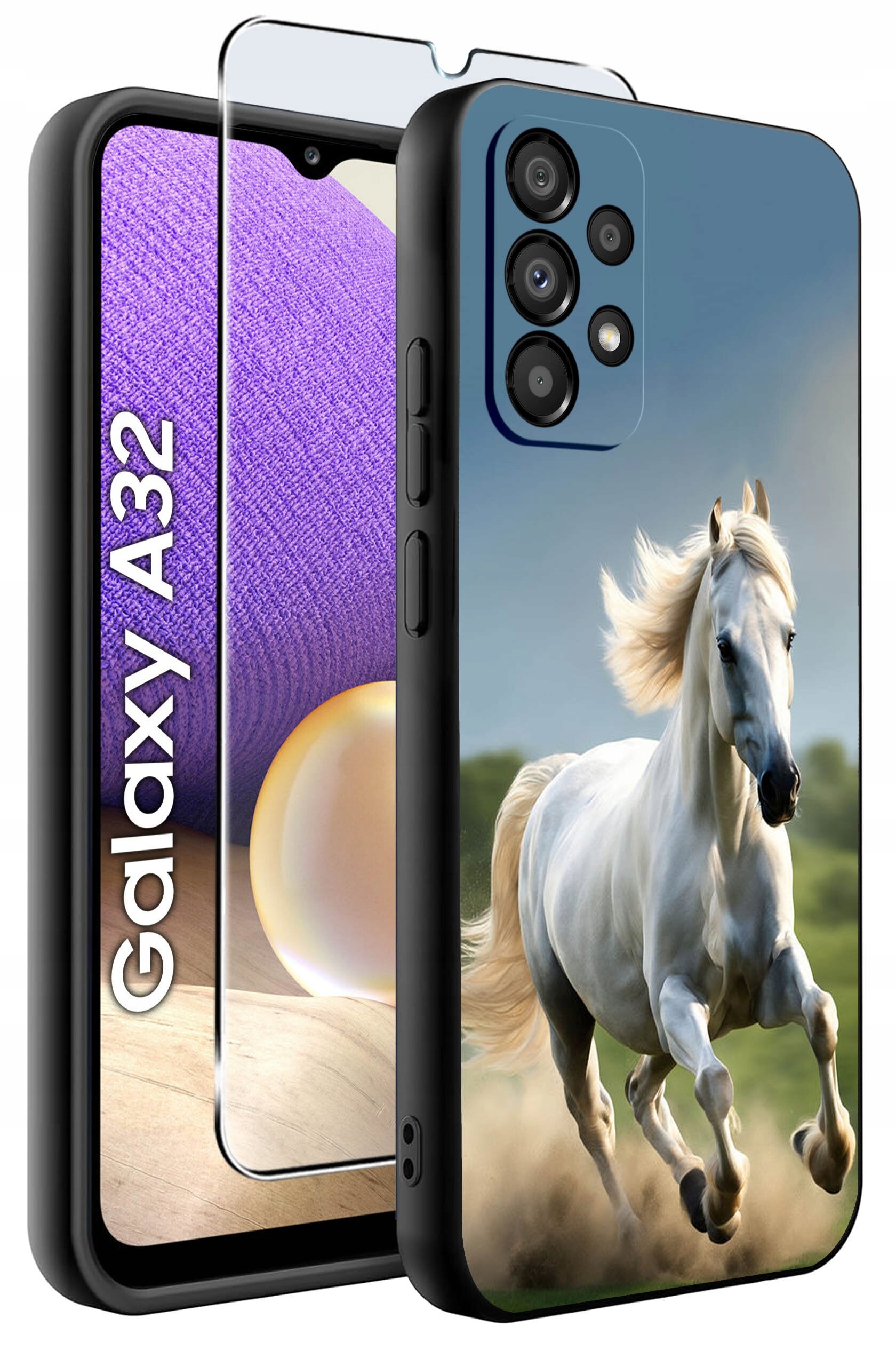 Etui na telefon z nadrukiem galopującego białego konia oraz szkło ochronne. Obok widoczny jest napis \'Galaxy A32\'.