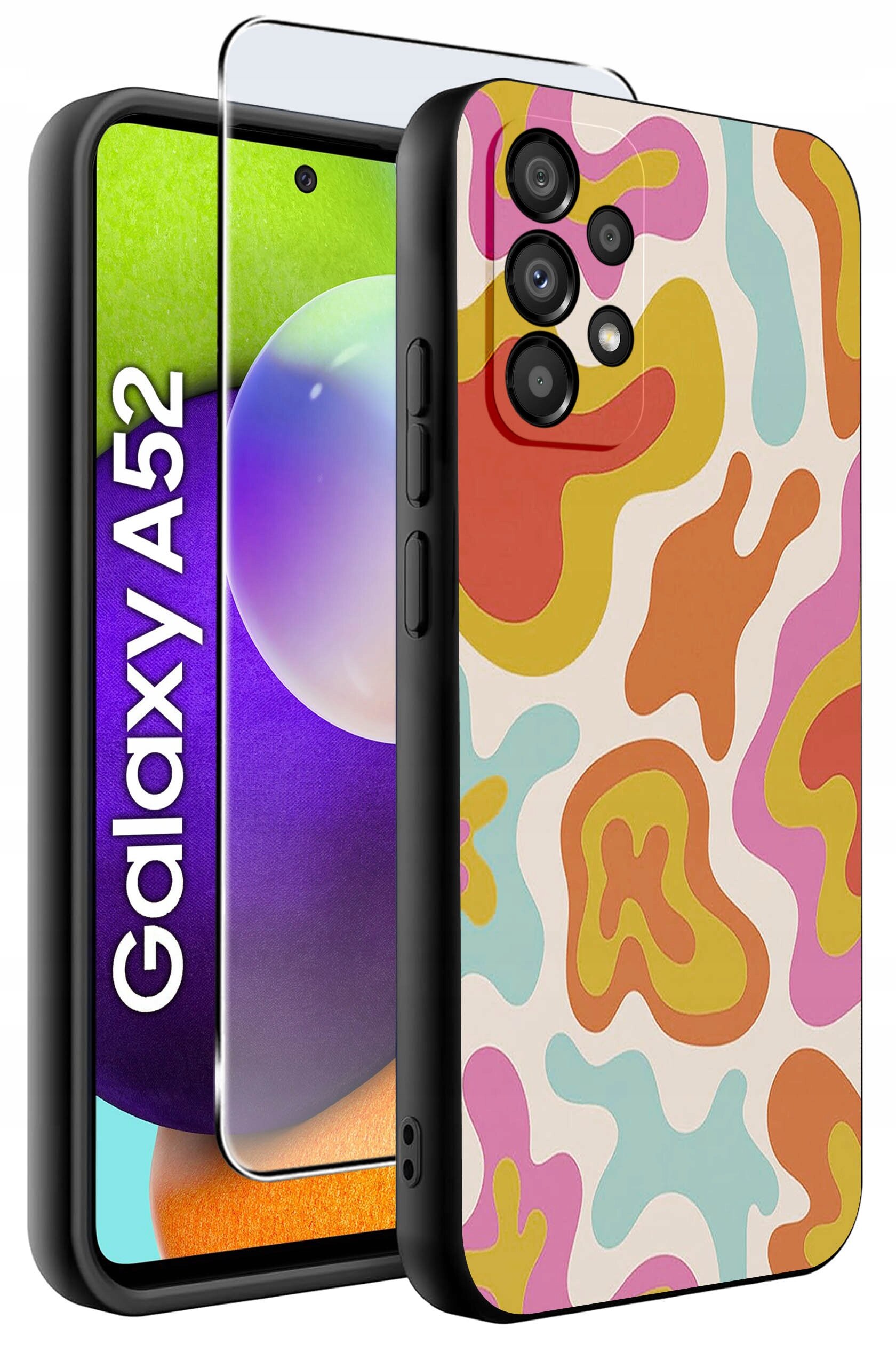 Etui na telefon z kolorowym, abstrakcyjnym wzorem oraz szkło ochronne. Obok widoczny jest napis \'Galaxy A52\'.
