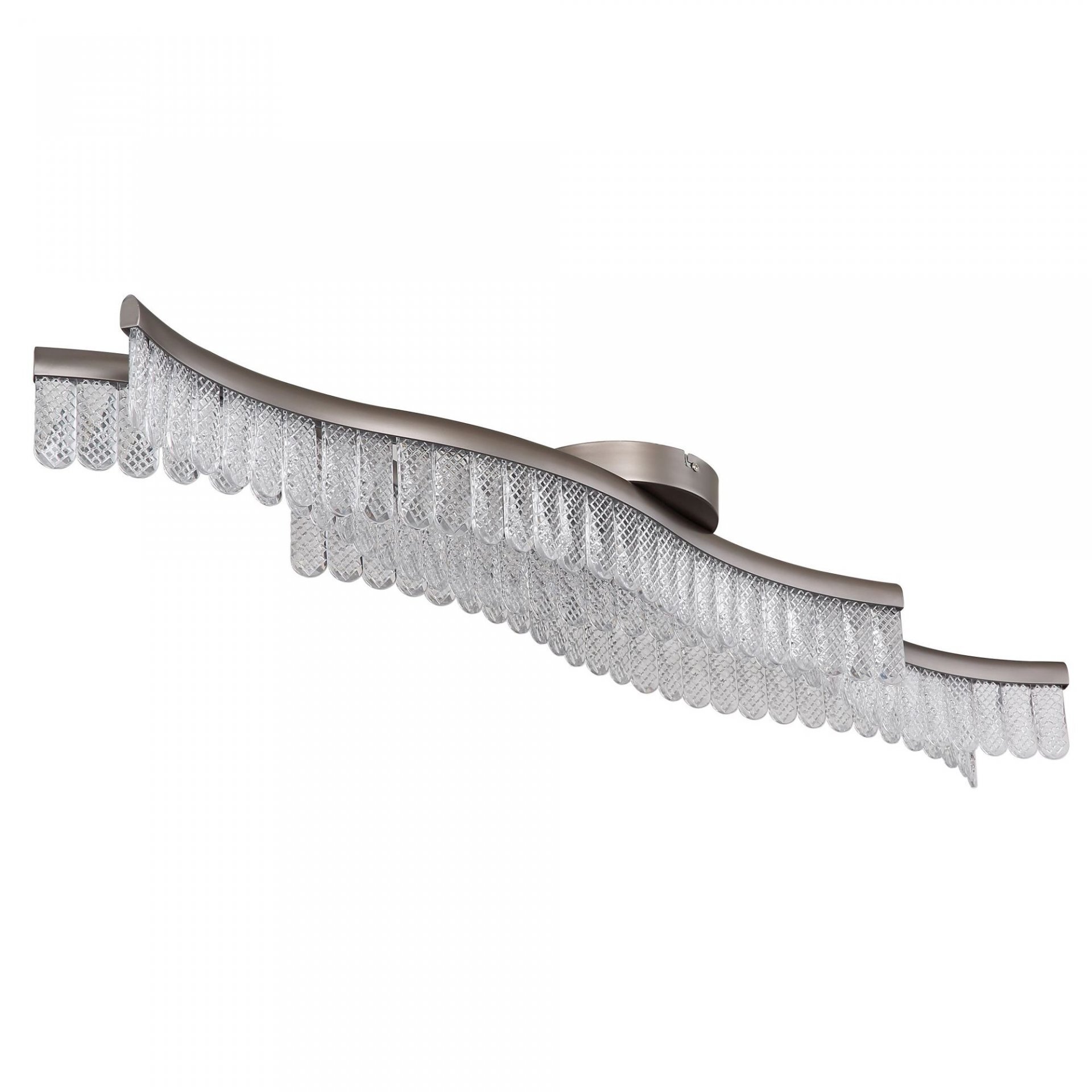 Nowoczesna lampa sufitowa LED z falistym, metalowym korpusem i wiszącymi, przezroczystymi elementami dekoracyjnymi.