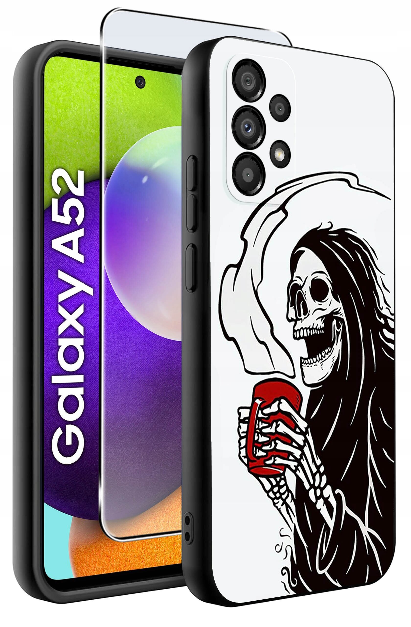 Obraz przedstawia etui na telefon z nadrukiem czaszki trzymającej czerwony kubek. Obok widoczny jest telefon z napisem \'Galaxy A52\'.
