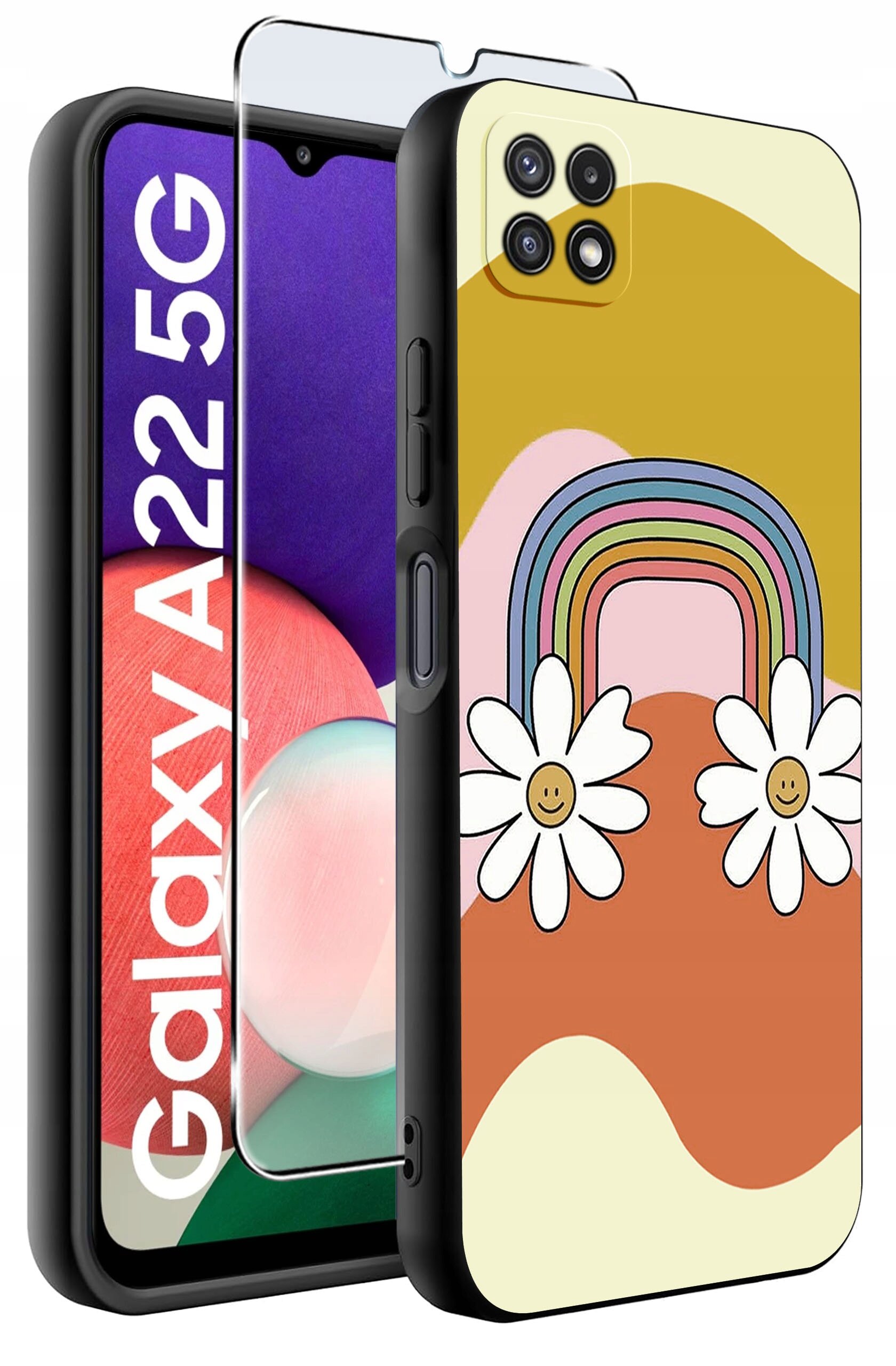 Etui na telefon z kolorowym wzorem tęczy i kwiatów oraz szkło ochronne. Na ekranie telefonu widoczny napis \'Galaxy A22 5G\'.