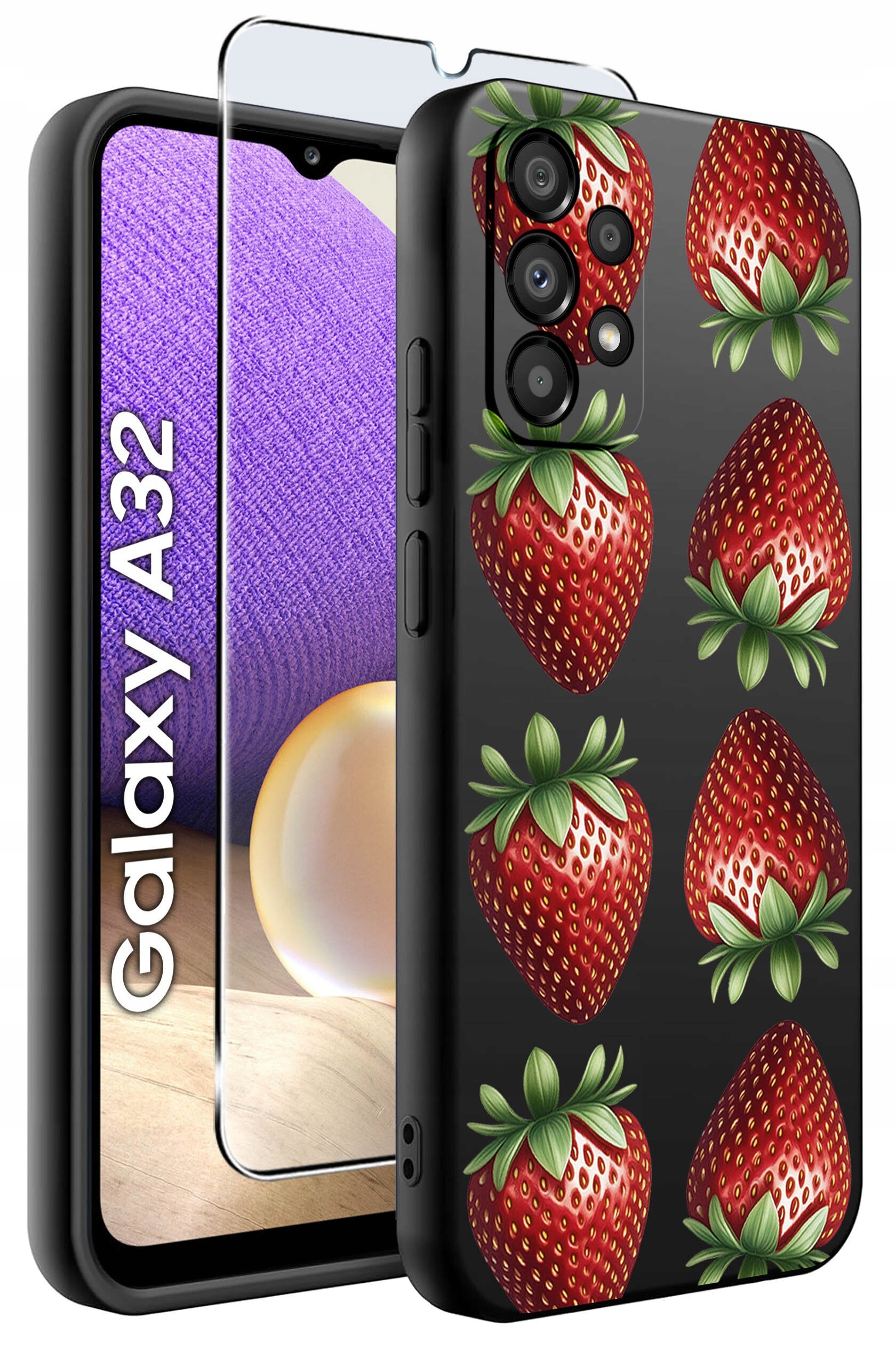 Etui na telefon z motywem truskawek oraz szkło ochronne na ekran. Obok widoczny jest telefon z napisem \'Galaxy A32\'.